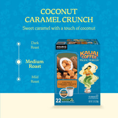 Kauai Coffee Coconut Caramel Crunch packaging label, shelf-ready and informative.