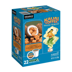 Kauai Coffee Coconut Caramel Crunch pod 22ct on countertop for easy mornings.