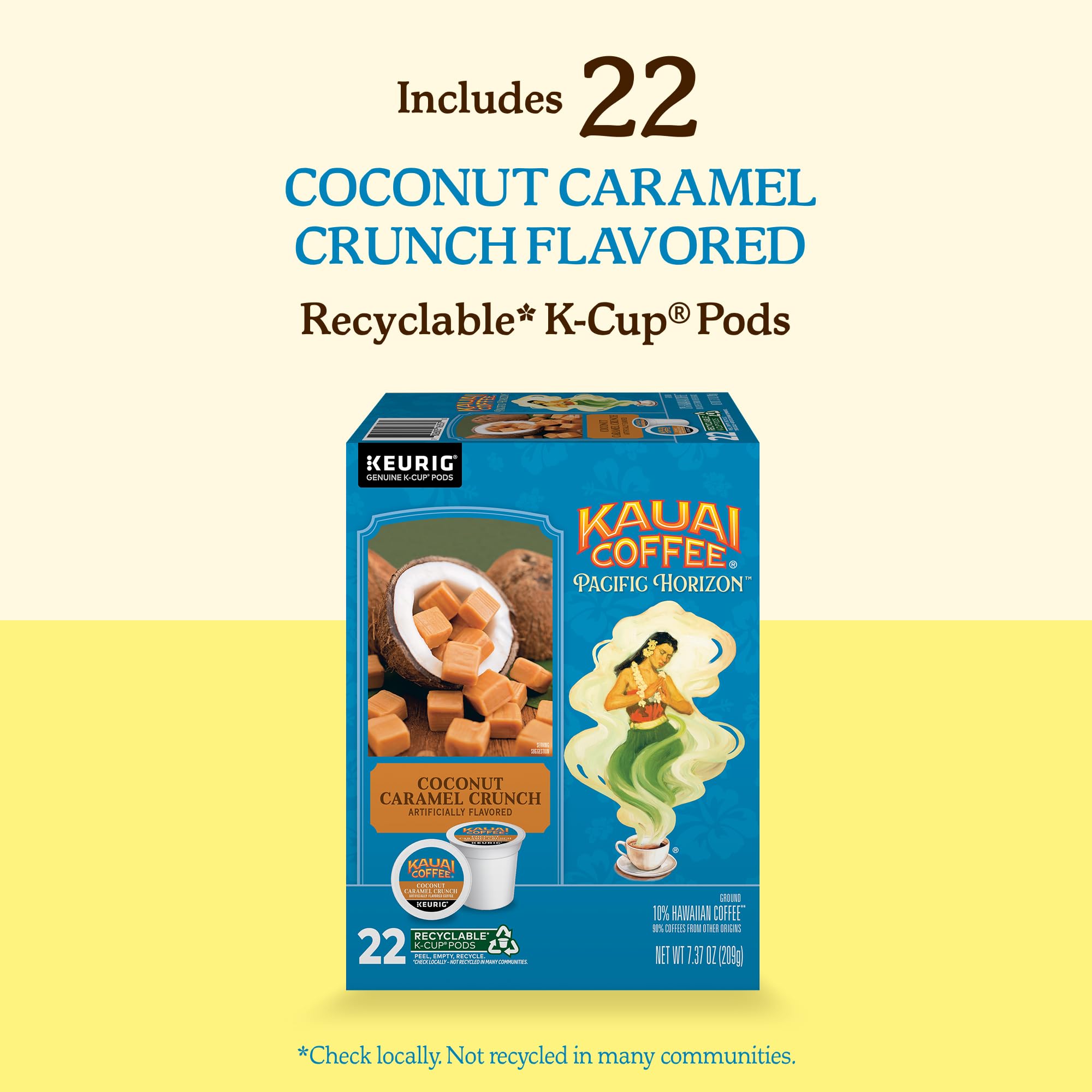 Kauai Coffee Coconut Caramel Crunch cup with smooth, balanced finish.