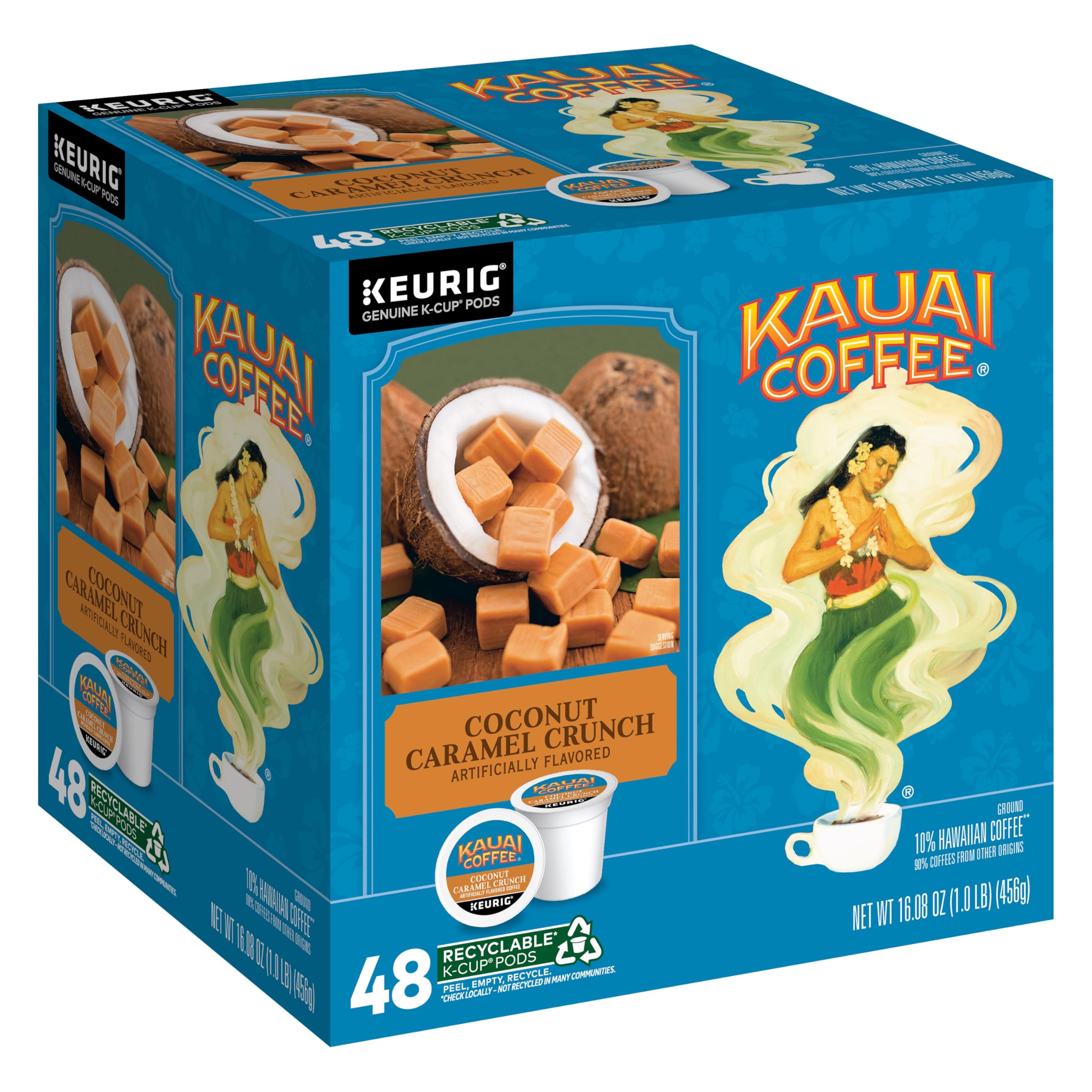 Kauai Coffee Coconut Caramel Crunch pod for Keurig brewers, easy single-serve indulgence.