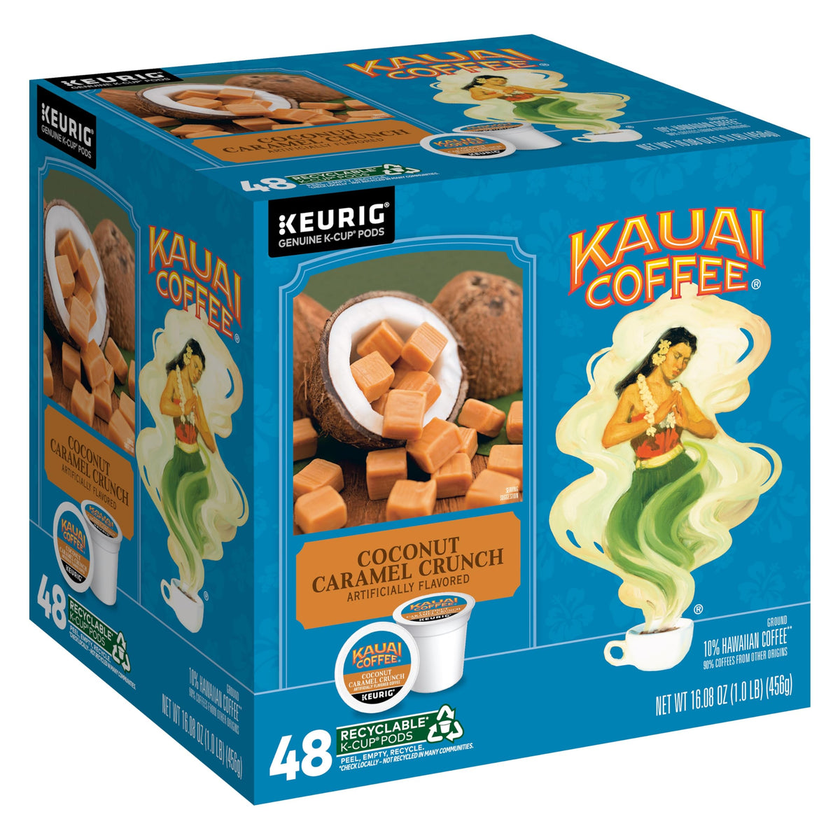 Kauai Coffee Coconut Caramel Crunch pod for Keurig brewers, easy single-serve indulgence.