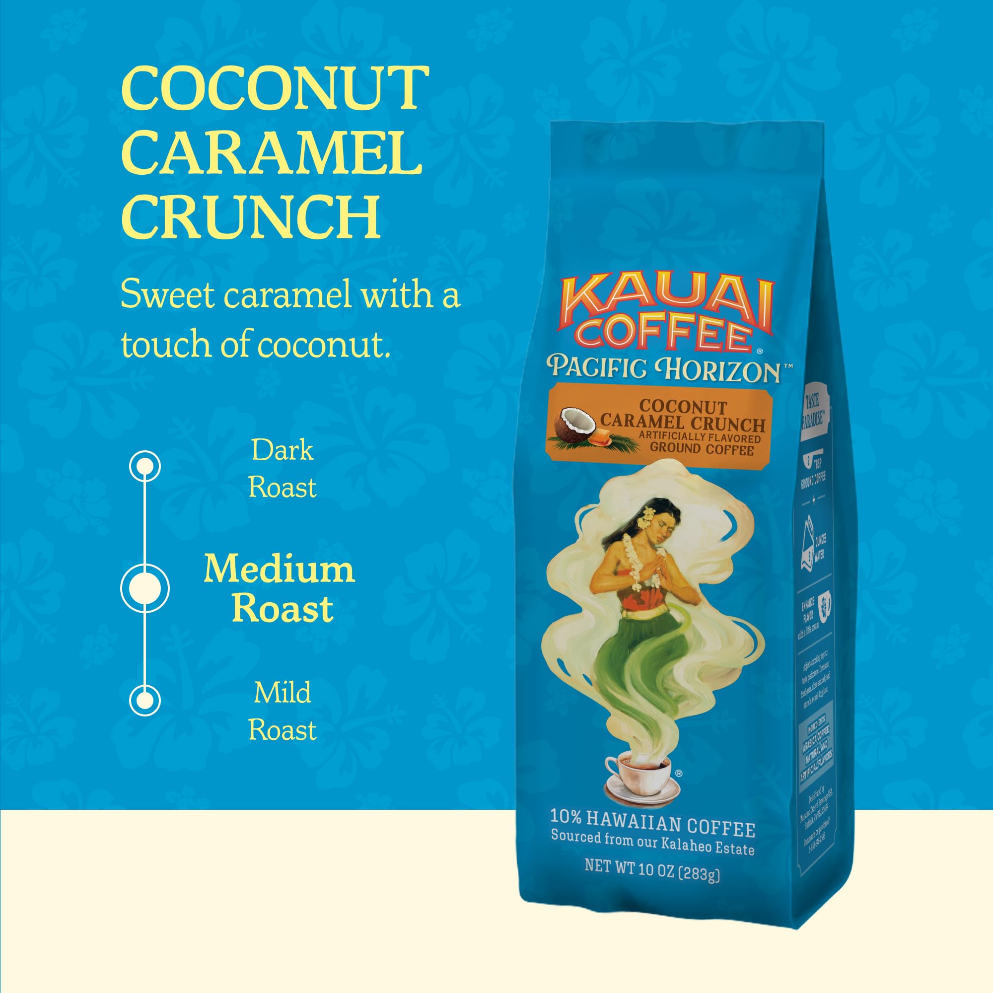 Kauai Coffee Estate Hawaii landscape emphasizes island origin and grown beans.