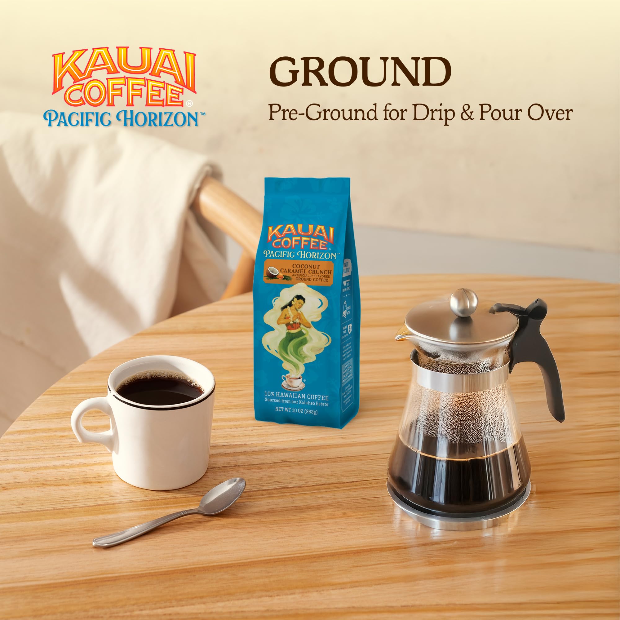Kauai Coffee flat lay brew setup demonstrating versatile drip or pour-over methods.