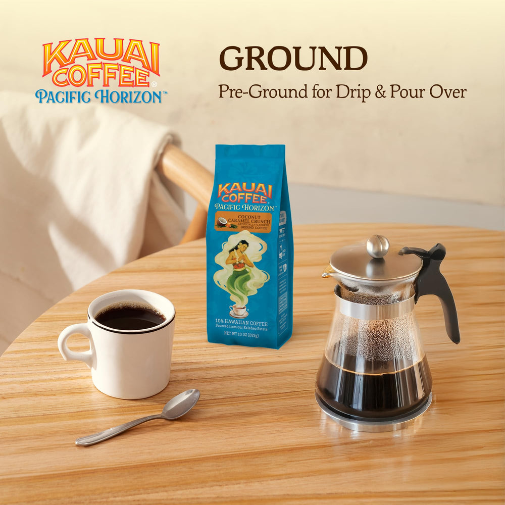 Kauai Coffee flat lay brew setup demonstrating versatile drip or pour-over methods.