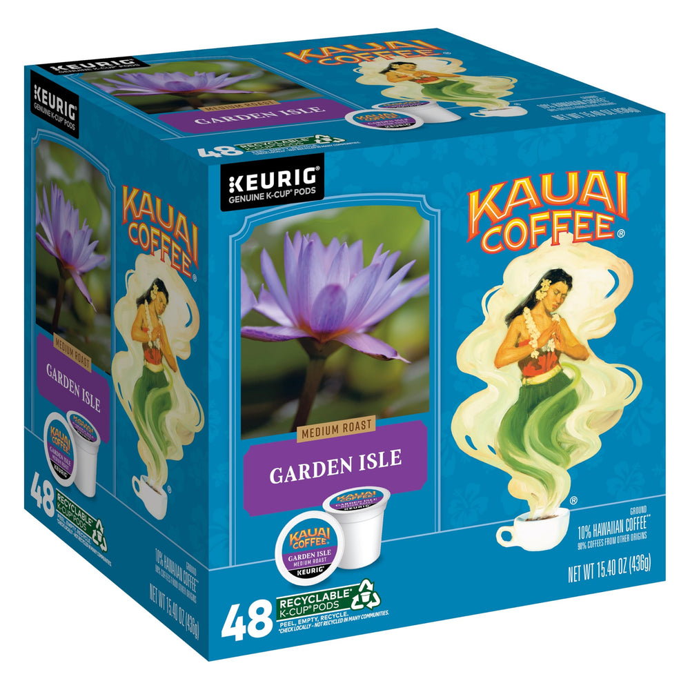 Kauai Coffee Garden Isle medium roast K-Cups for Keurig, 48-pack, ideal for quick Keurig mornings.
