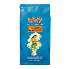 Kauai Coffee Ground Coffee bag front showcases Coconut Caramel Crunch flavor.