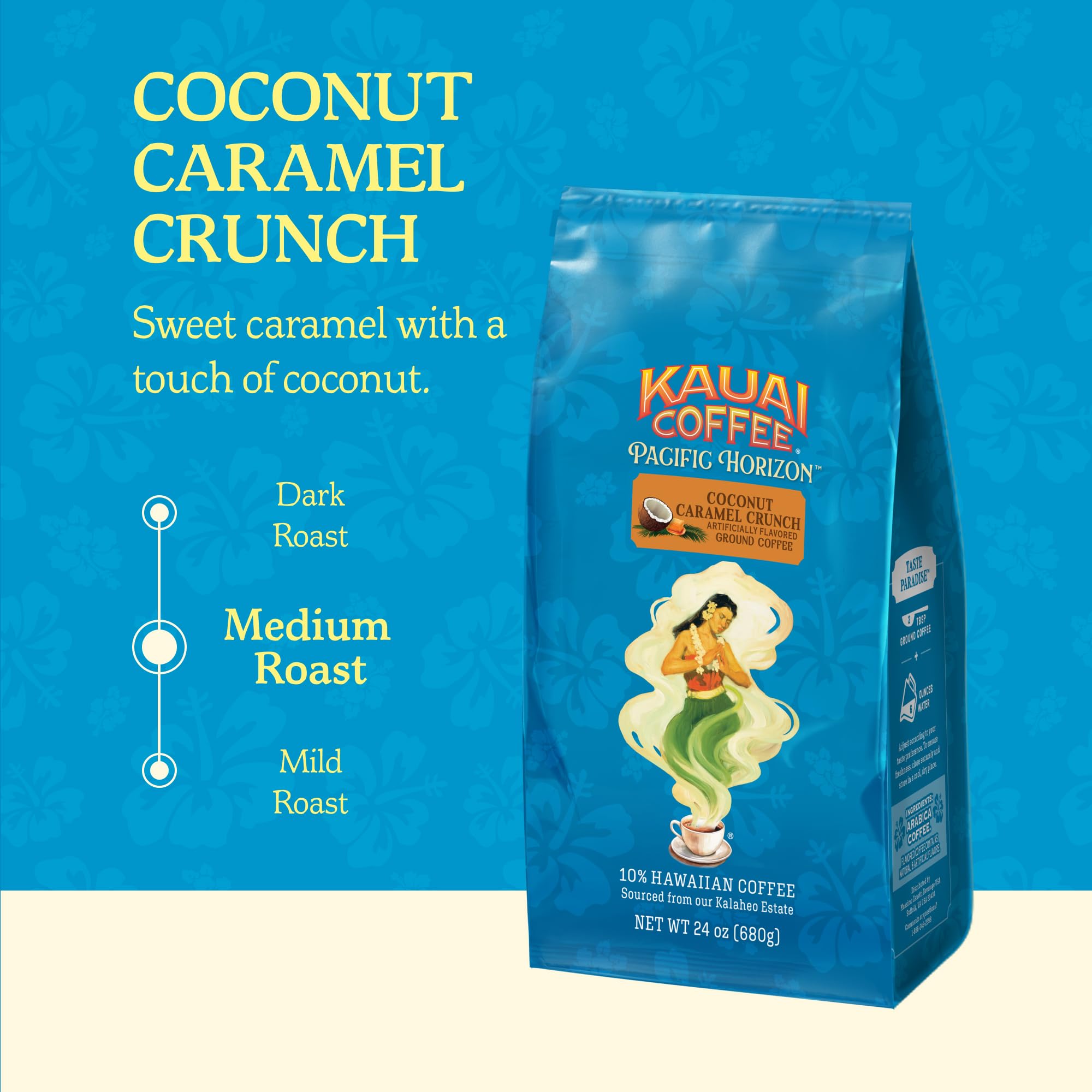 Kauai Coffee Ground Coffee brewed cup showcases smooth, non-bitter profile.