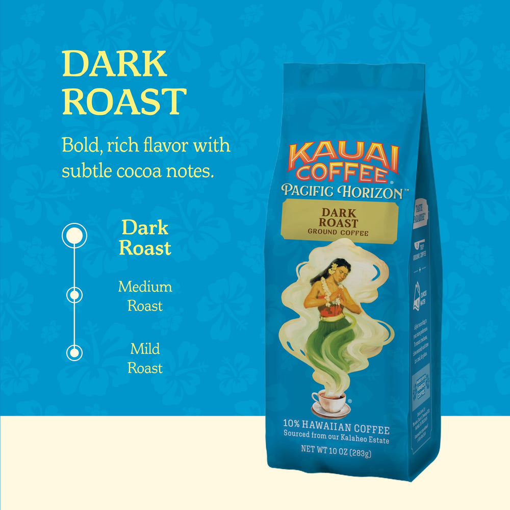 Kauai Coffee ground coffee in bag emphasizes versatility for drip, pour-over, or French press.