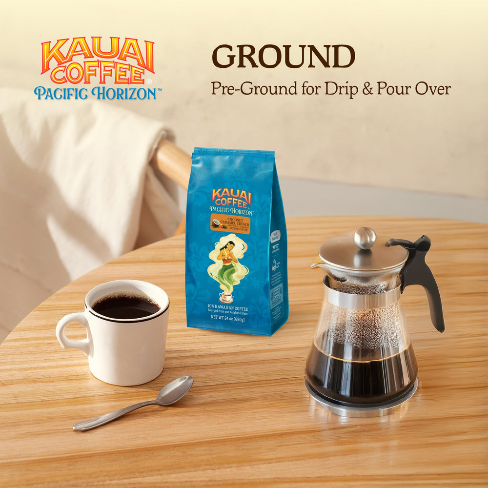 Kauai Coffee Ground Coffee morning routine scene suggests everyday indulgence.