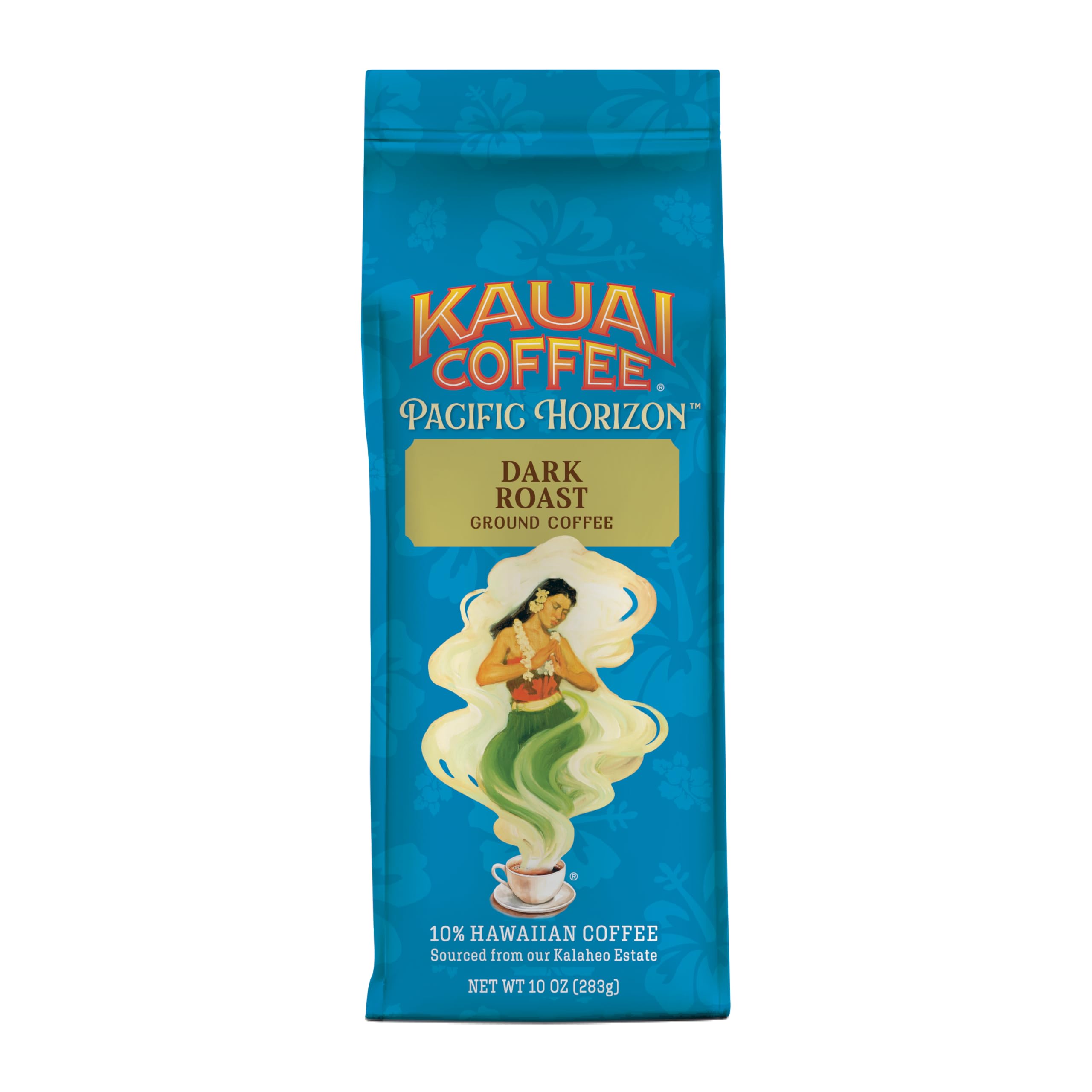 Kauai Coffee Koloa Estate bag closeup showing premium grind for a smoother brew.