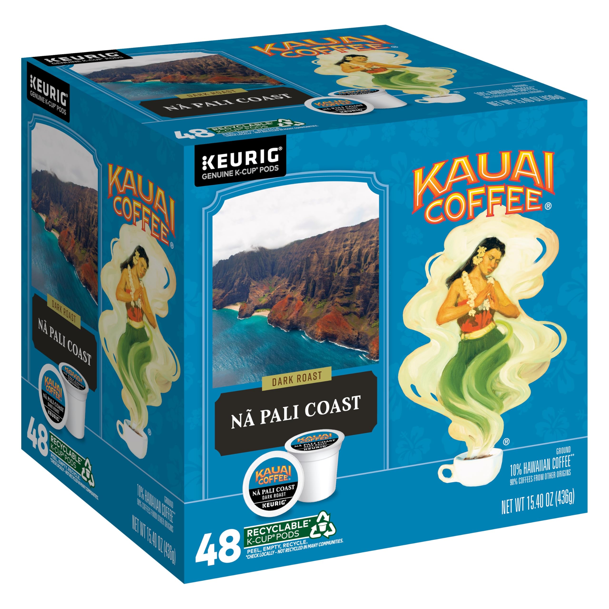 Kauai Coffee Na Pali Coast dark roast pods shown for Keurig use