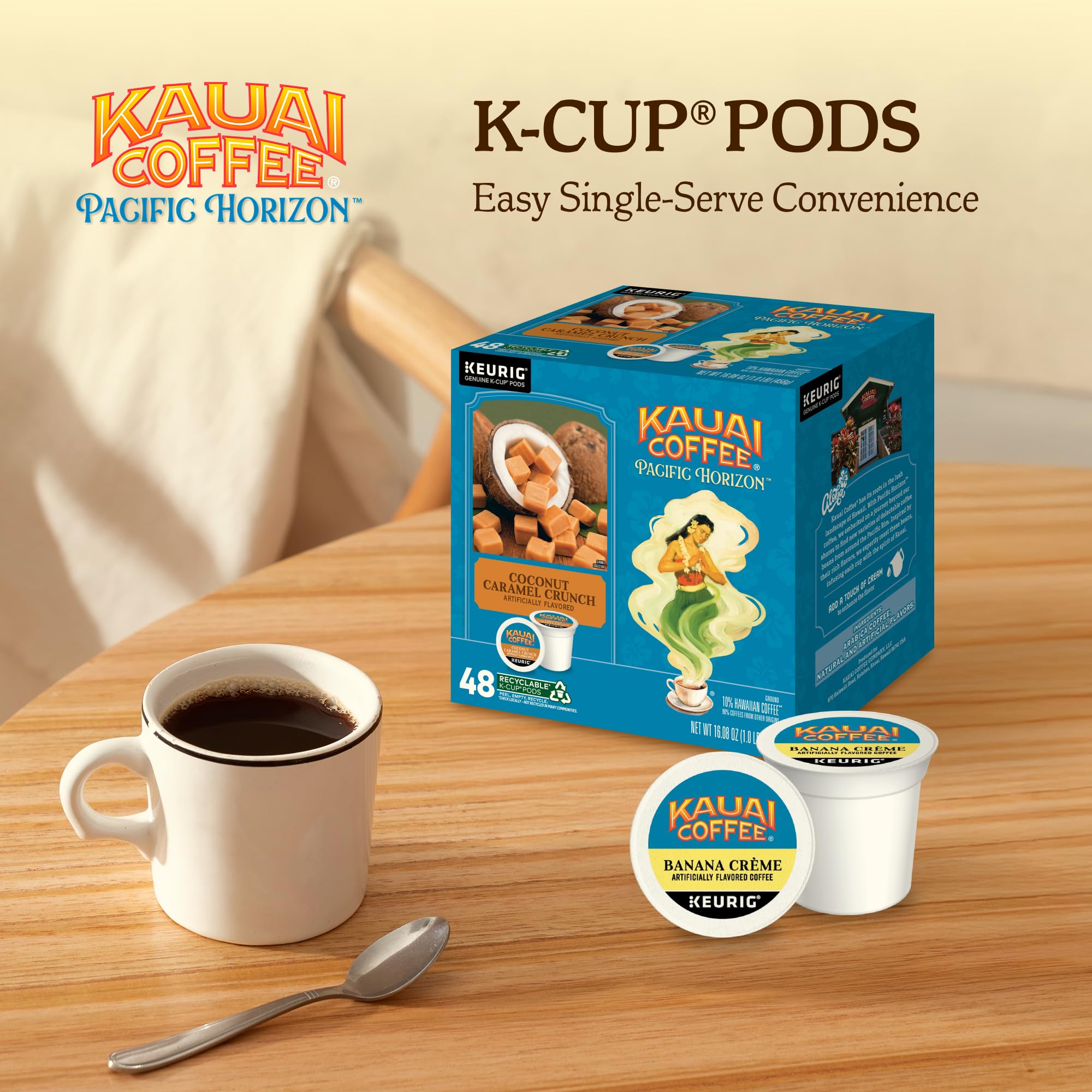 Kauai Coffee Coconut Caramel Crunch cup with nutty caramel sweetness for comfort.