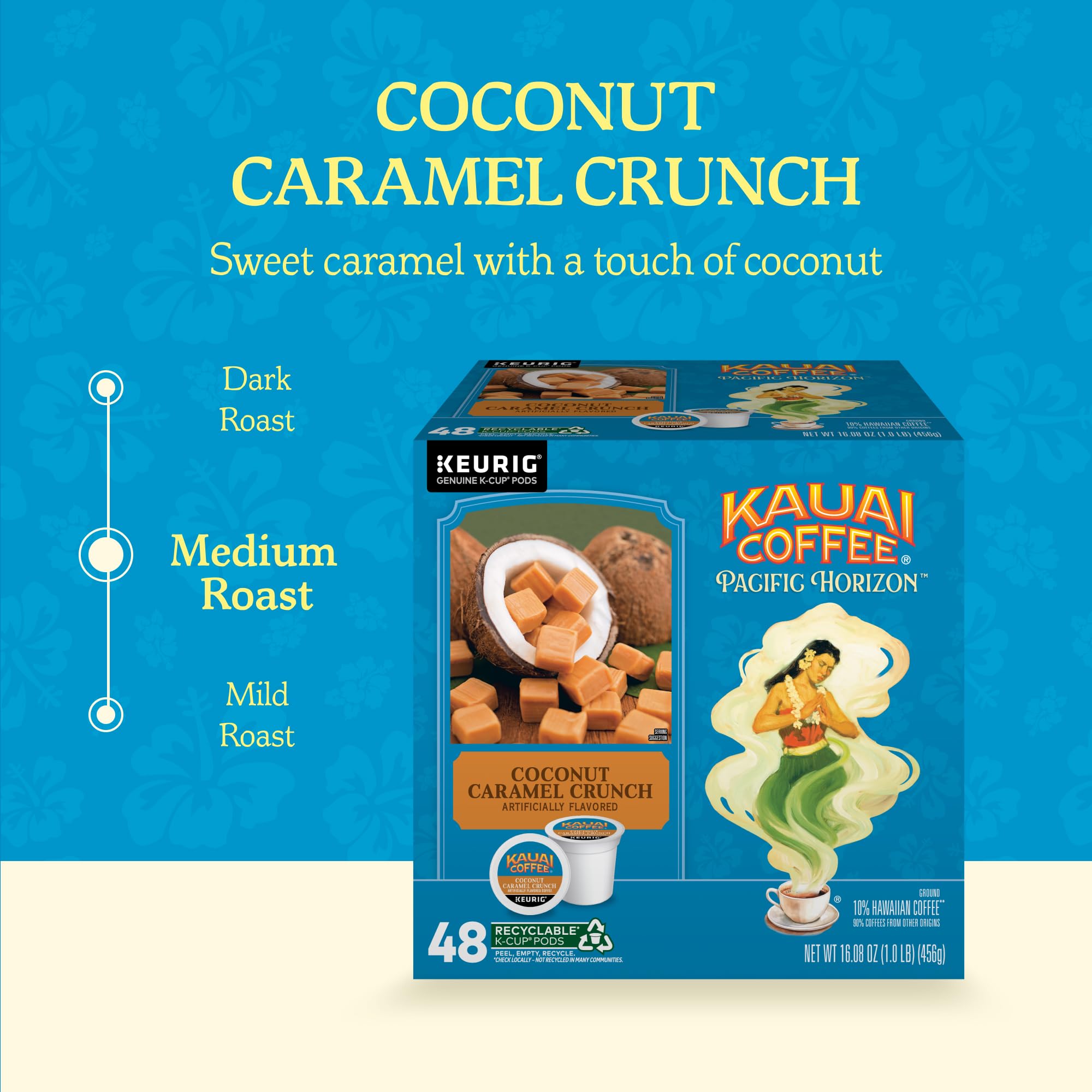 Kauai Coffee Coconut Caramel Crunch evokes tropical coconut aroma in your cup.