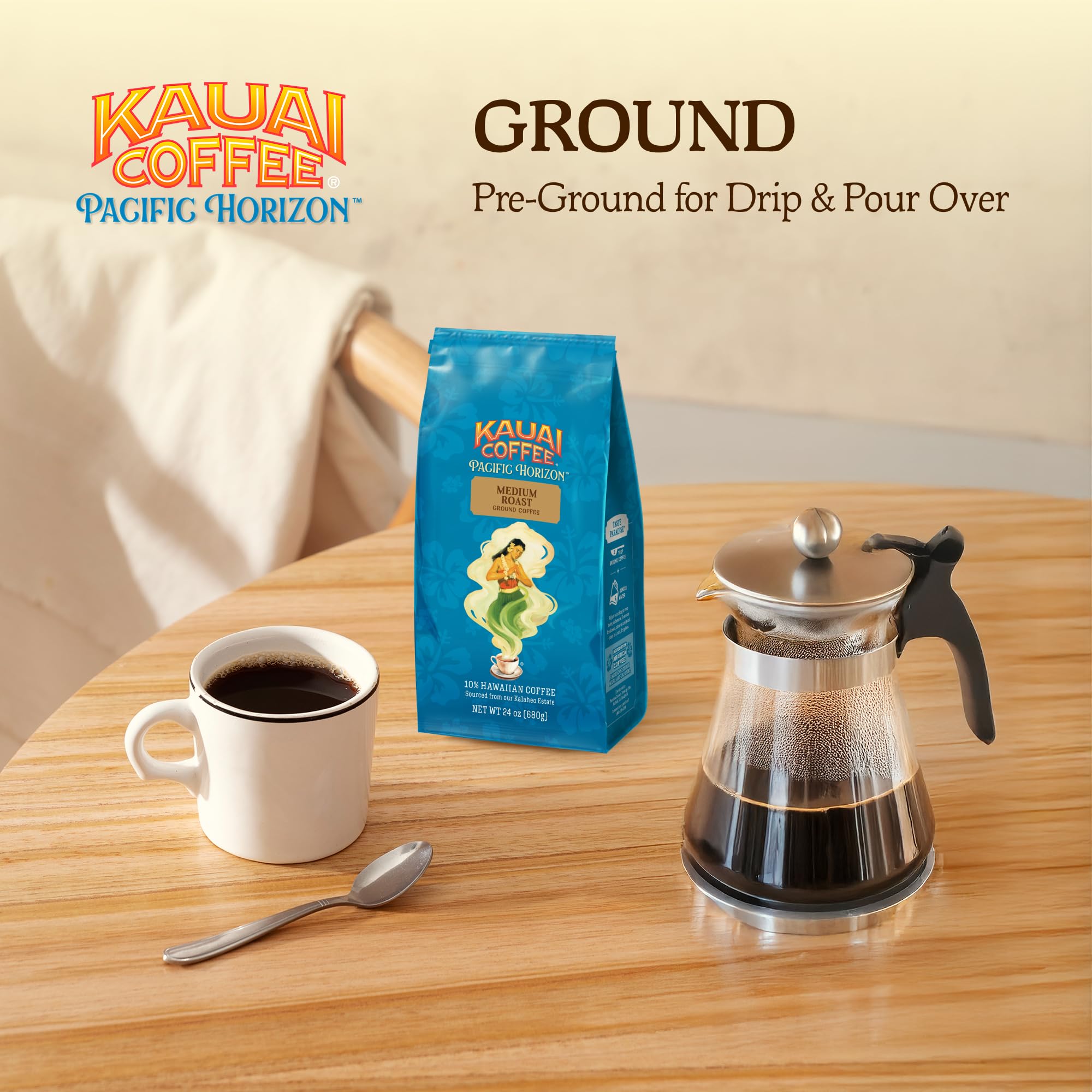 Kauai Coffee grown in volcanic soil delivers island character.