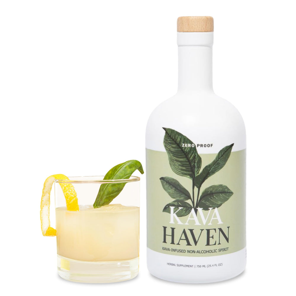 Kava Haven Lemon Ginger Spirit bottle for relaxing non-alcoholic evenings.
