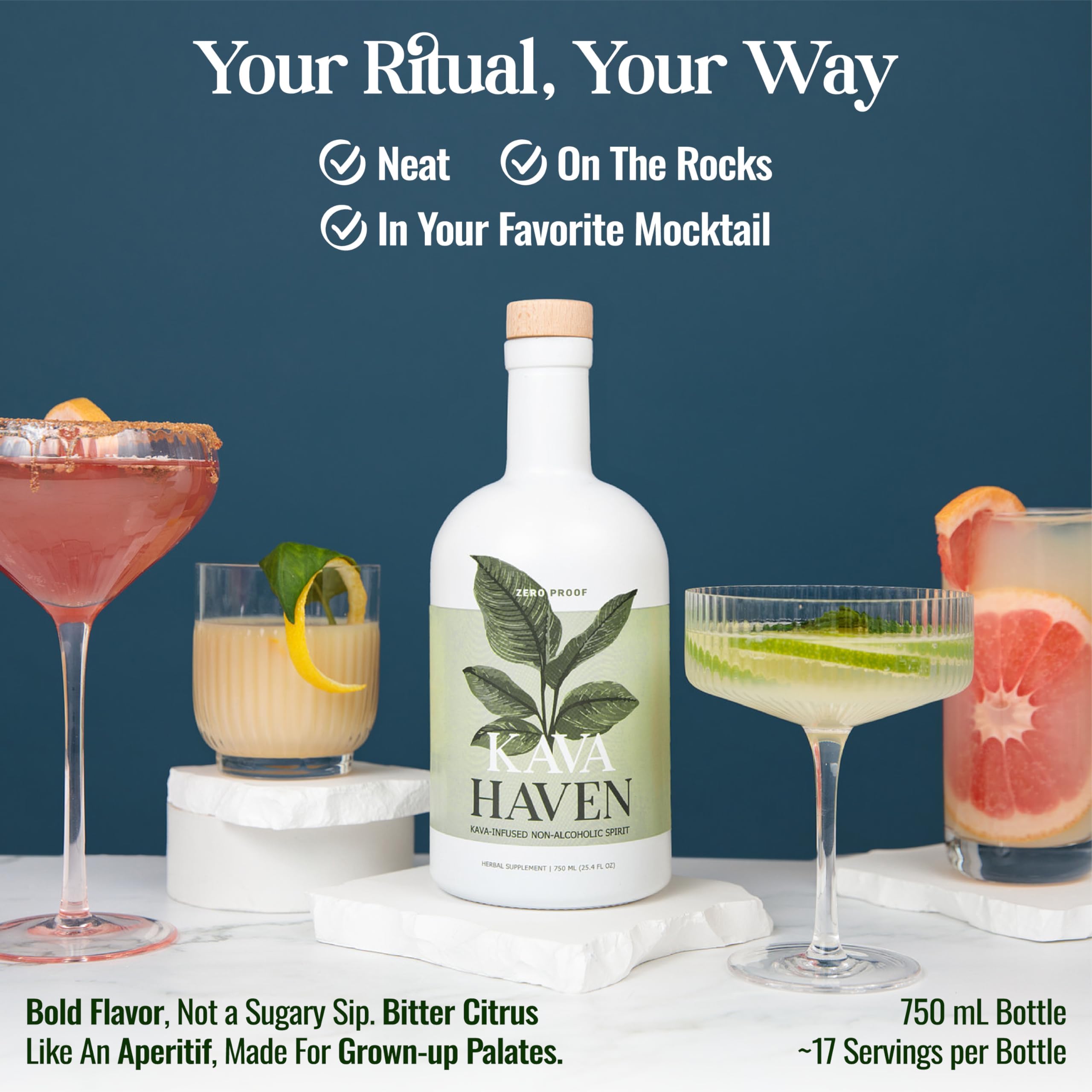 Kava Haven Lemon Ginger Spirit label-closeup shows natural ingredients and calories.