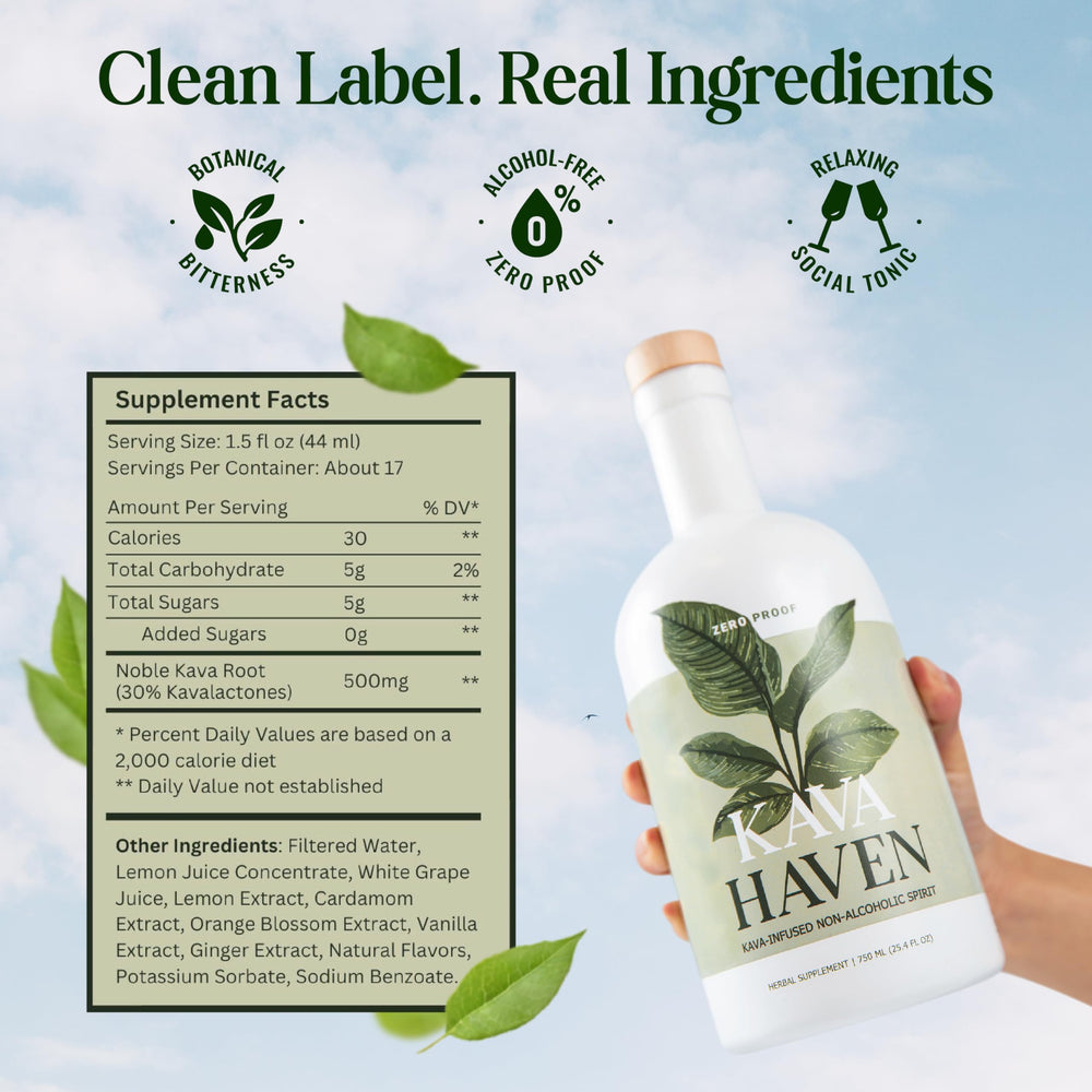 Kava Haven Lemon Ginger Spirit pour ready for refreshing mocktails.