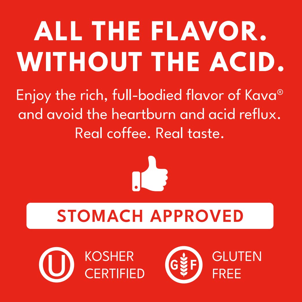 Kava reduced acid instant coffee 4oz label detail; OU Kosher certification supports trusted quality.