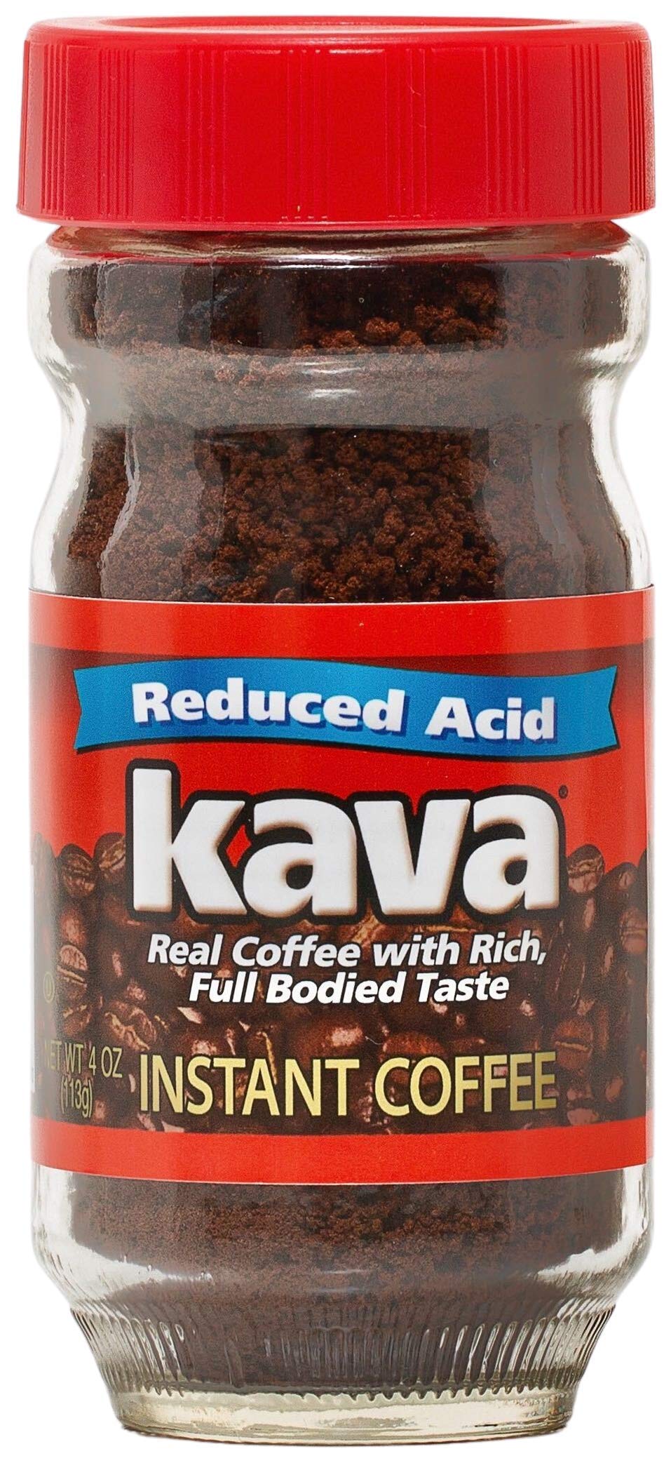 Kava reduced acid instant coffee 4oz pack front; convenient packaging for quick mornings.