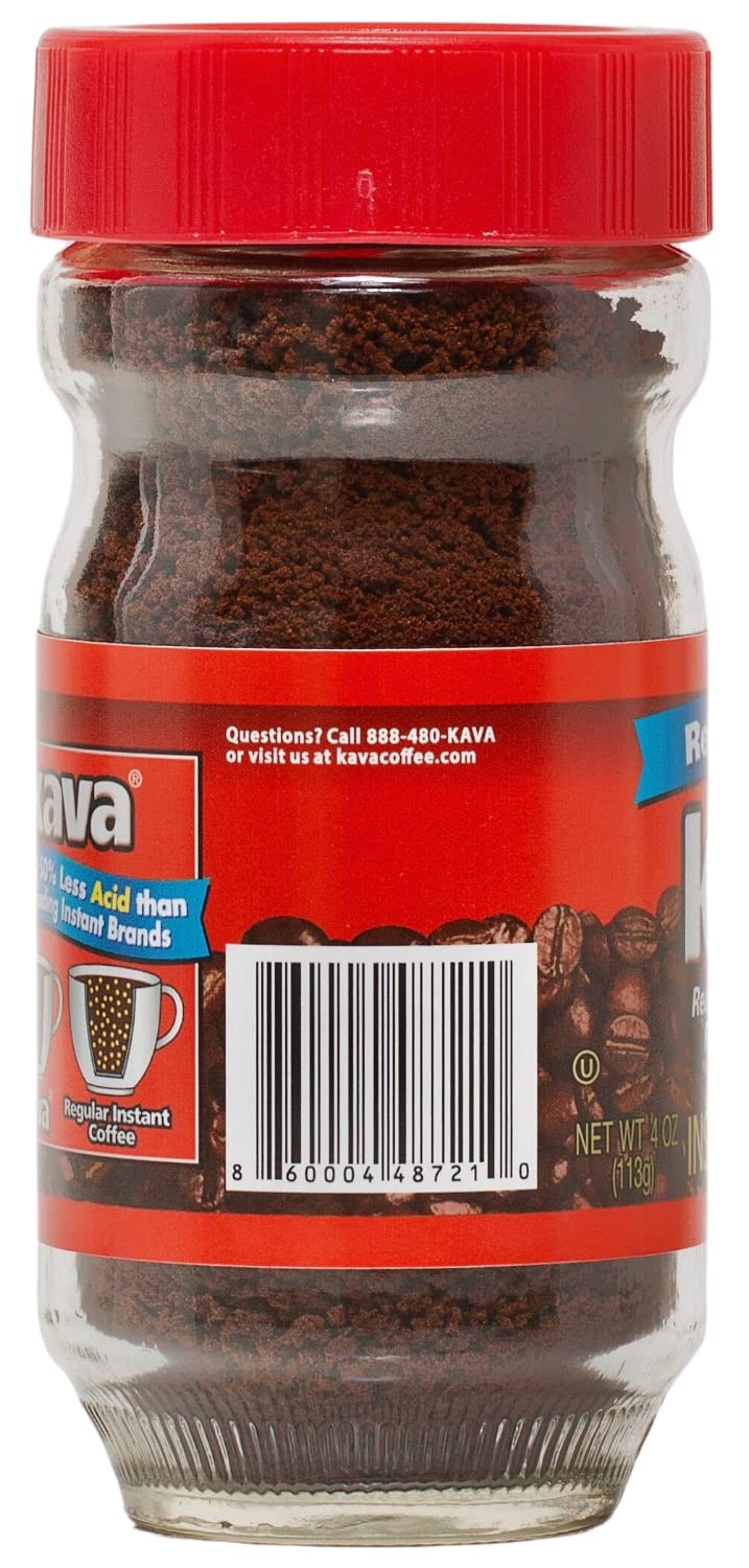 Kava reduced acid instant coffee 4oz package side view; low-acid option for sensitive stomachs.