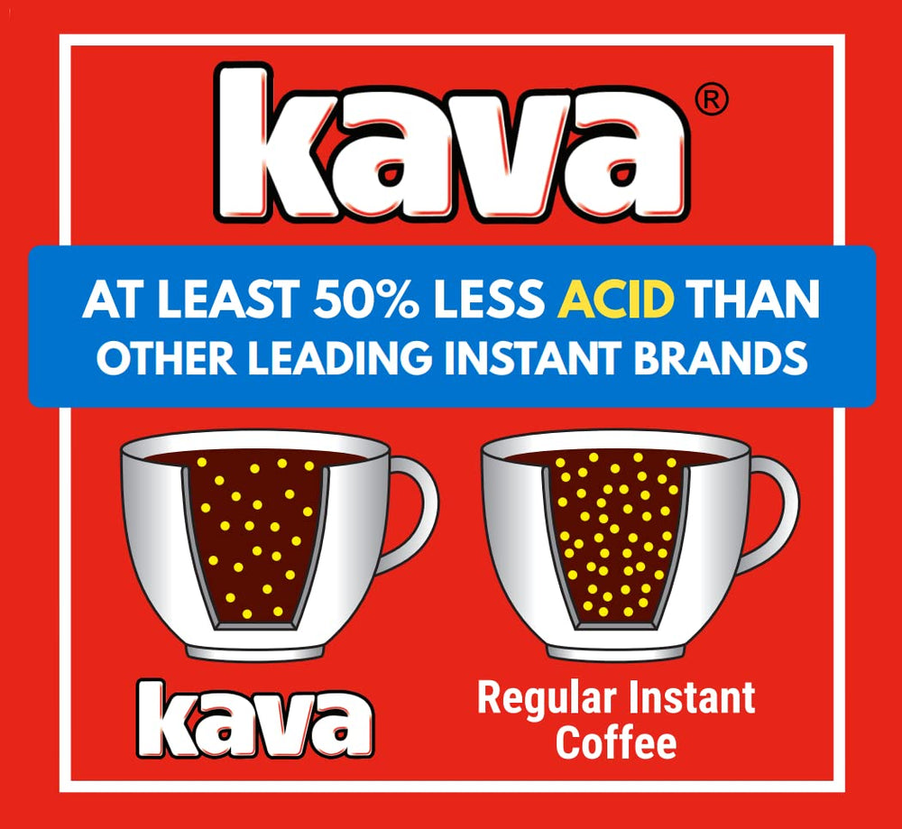 Kava reduced acid instant coffee 4oz scoop and pack; easy measurement for consistent strength.
