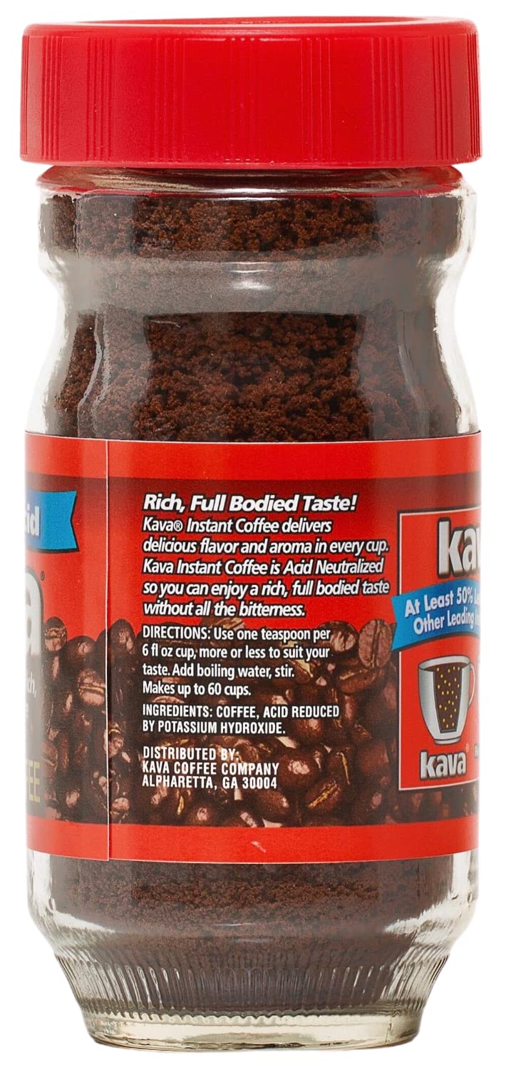 Kava reduced acid instant coffee 4oz steamy cup; full-bodied aroma enhances quick mornings.