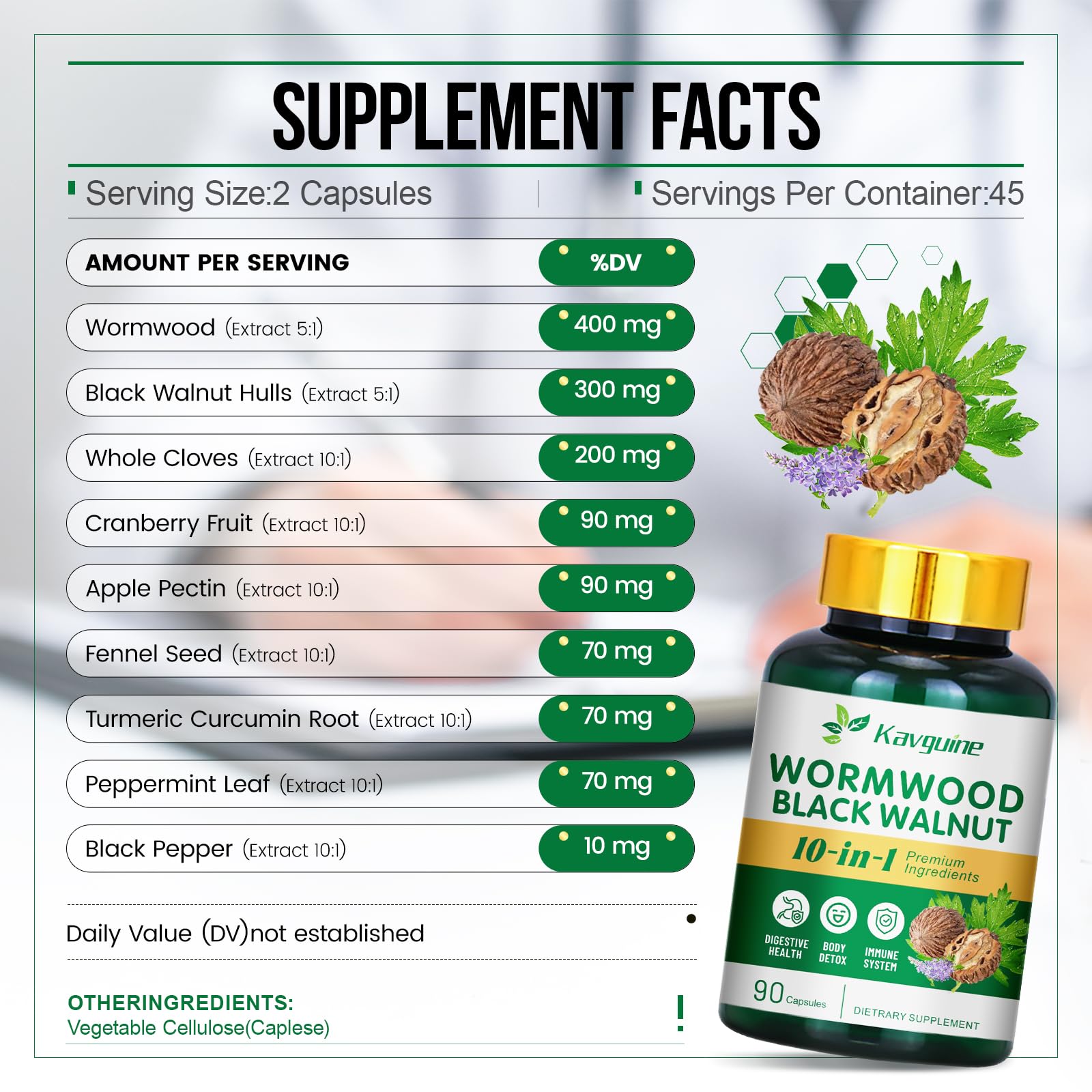Kavguine 10in1 formula ingredients shown, highlights gut-friendly botanicals.
