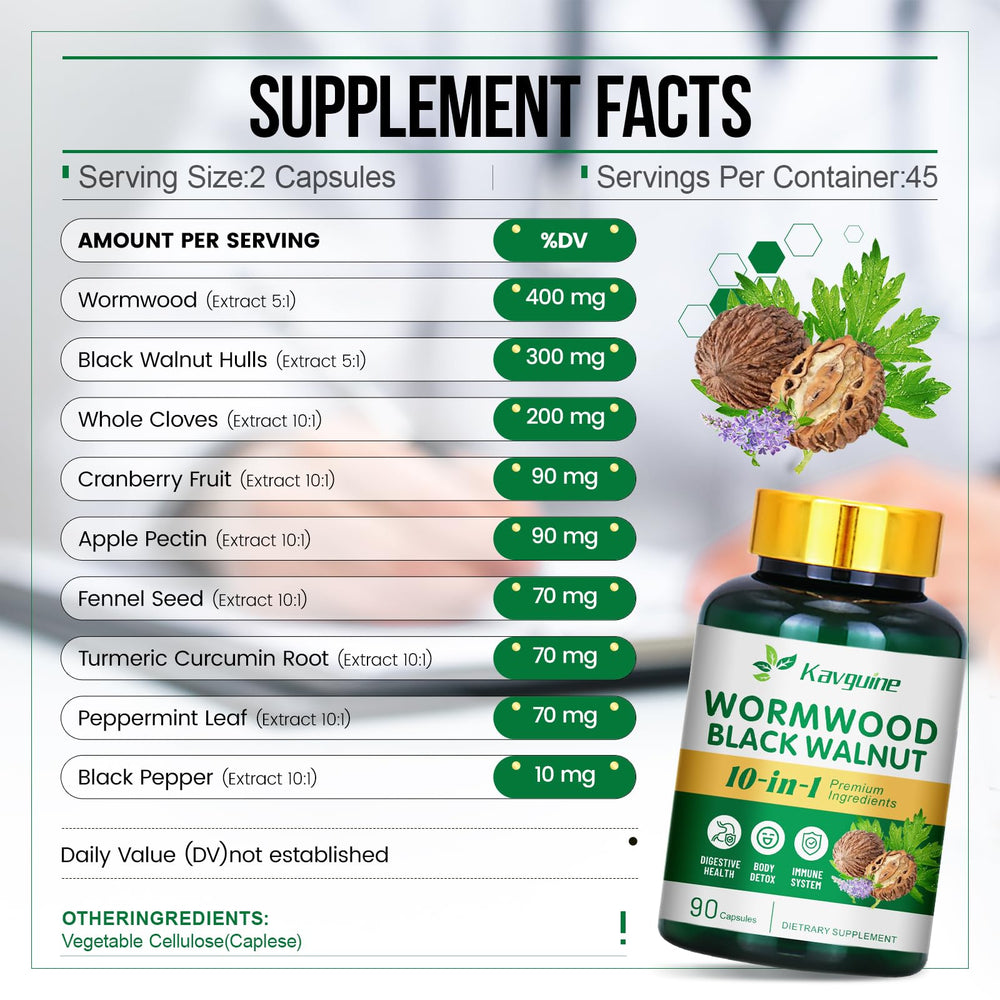 Kavguine 10in1 formula ingredients shown, highlights gut-friendly botanicals.