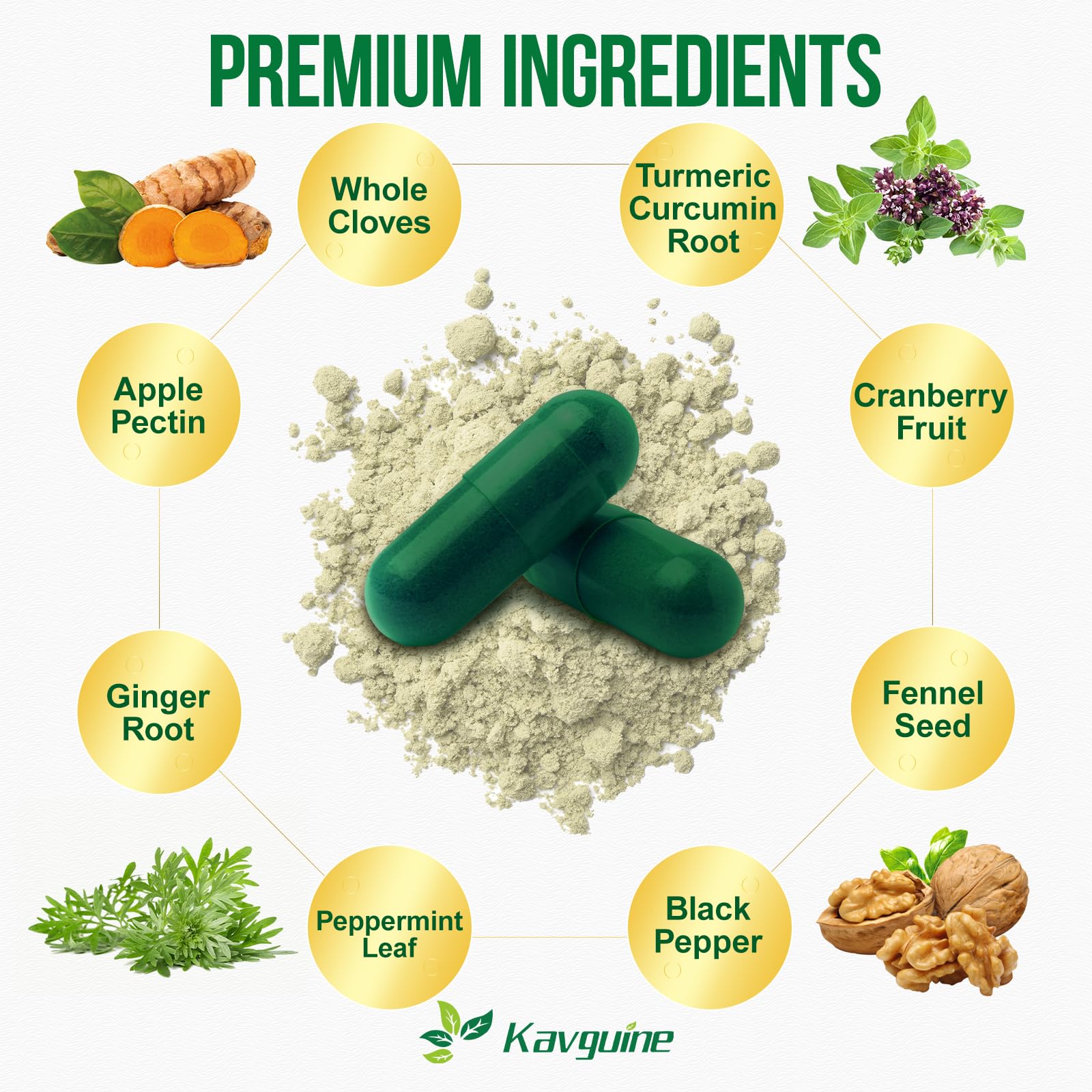 Kavguine bottle label closeup, notes vegan and allergen-free formulation.