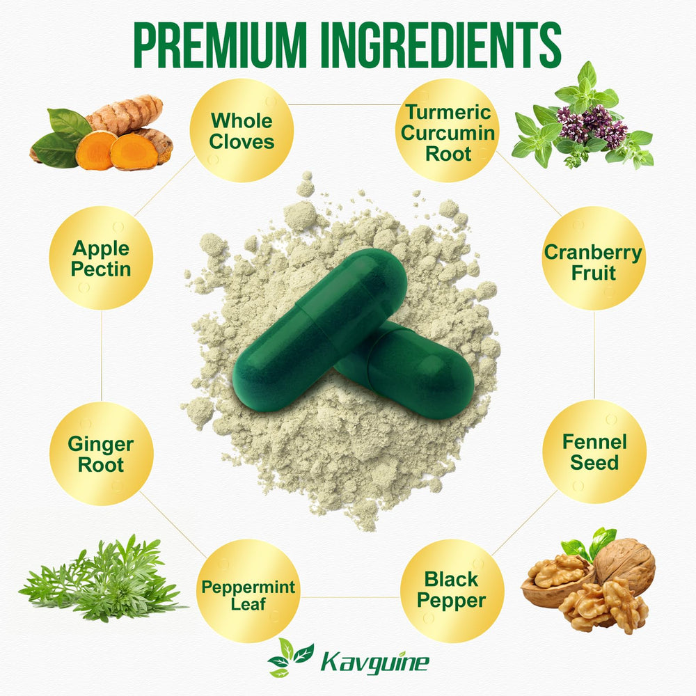 Kavguine bottle label closeup, notes vegan and allergen-free formulation.