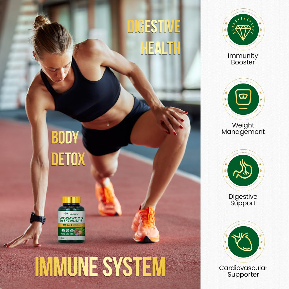 Kavguine natural botanical blend, featuring wormwood, black walnut, and cloves for gut support.