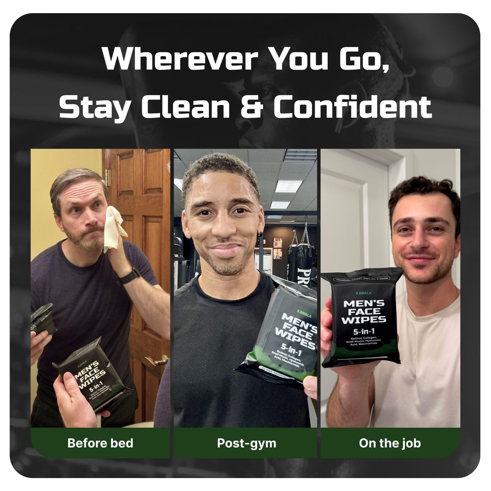 Kawala Mens Face Wipes gym bag ready travel pouch