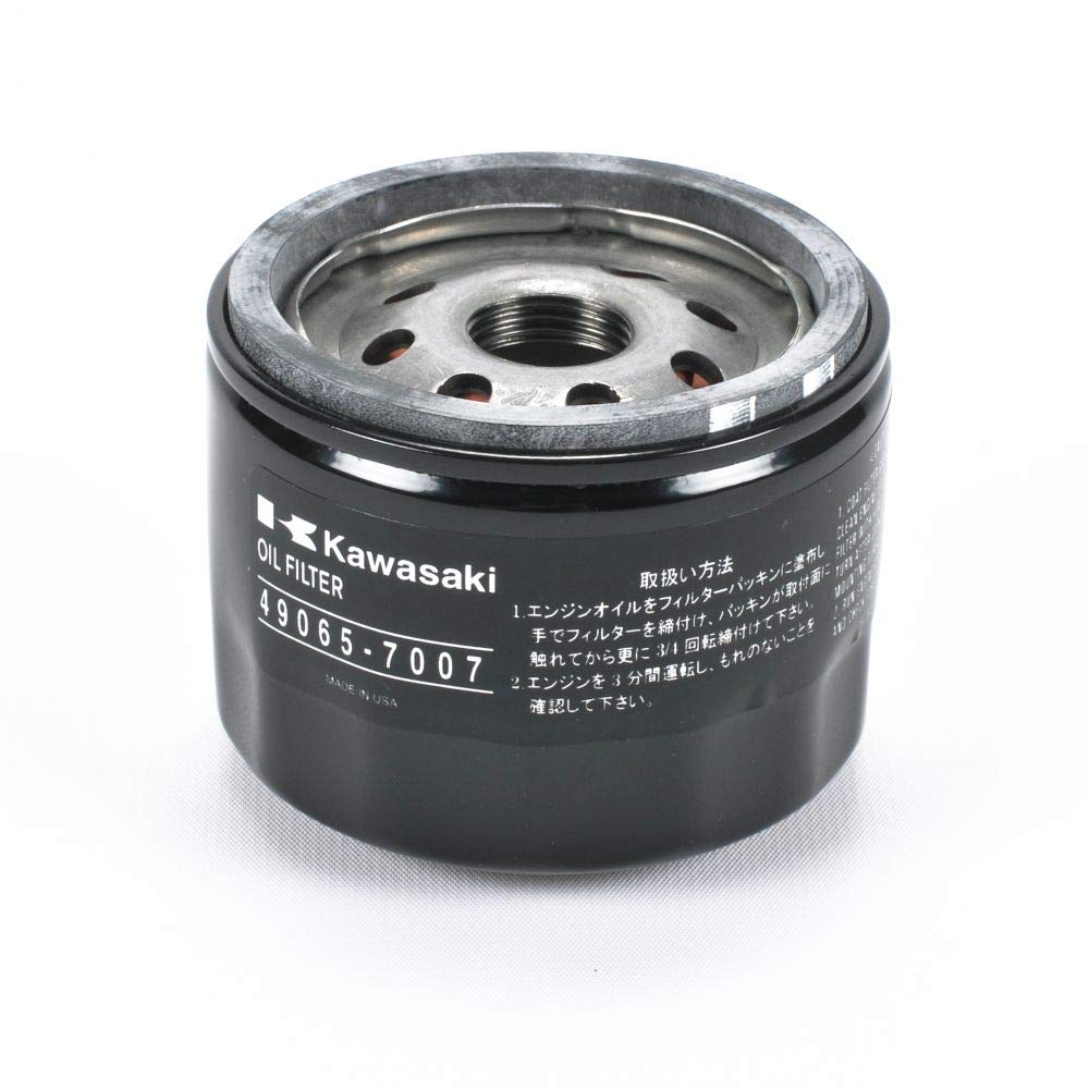 Kawasaki engine oil filter 49065-7007 closeup, OEM quality and easy replacement.