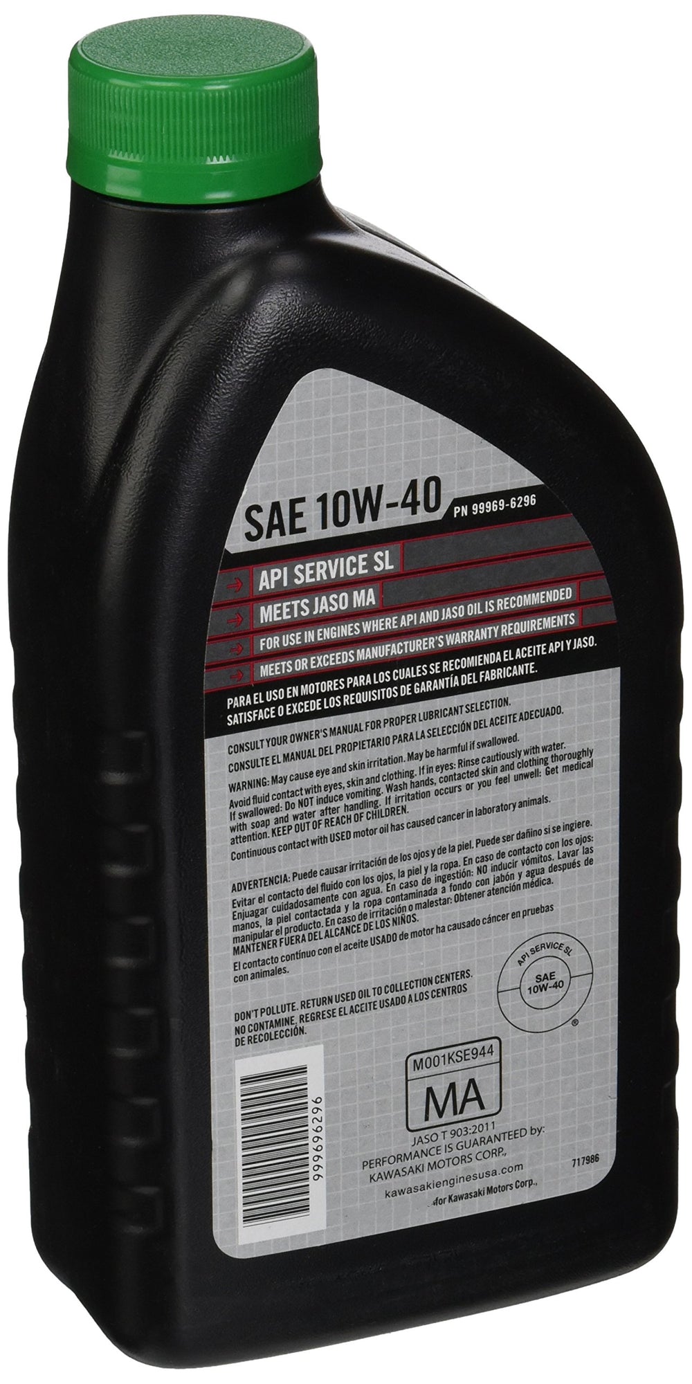 Kawasaki K-Tech 10W-40 oil quart label shows zinc protection for engine parts
