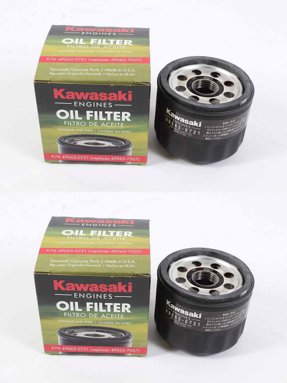 Kawasaki OEM oil filter 49065-0721 two-pack, USA-made, factory-grade replacement.