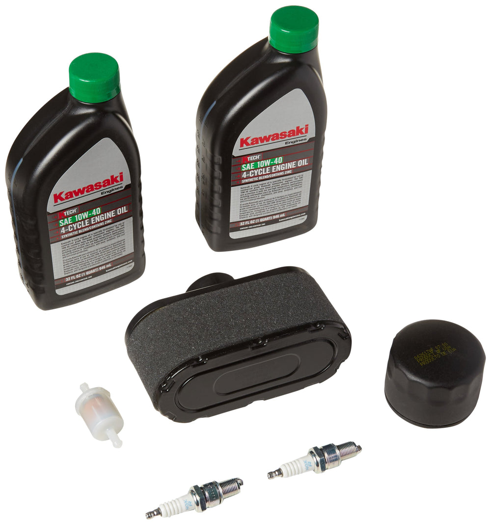 Kawasaki tune-up kit with two 10W-40 oil bottles for reliable starts