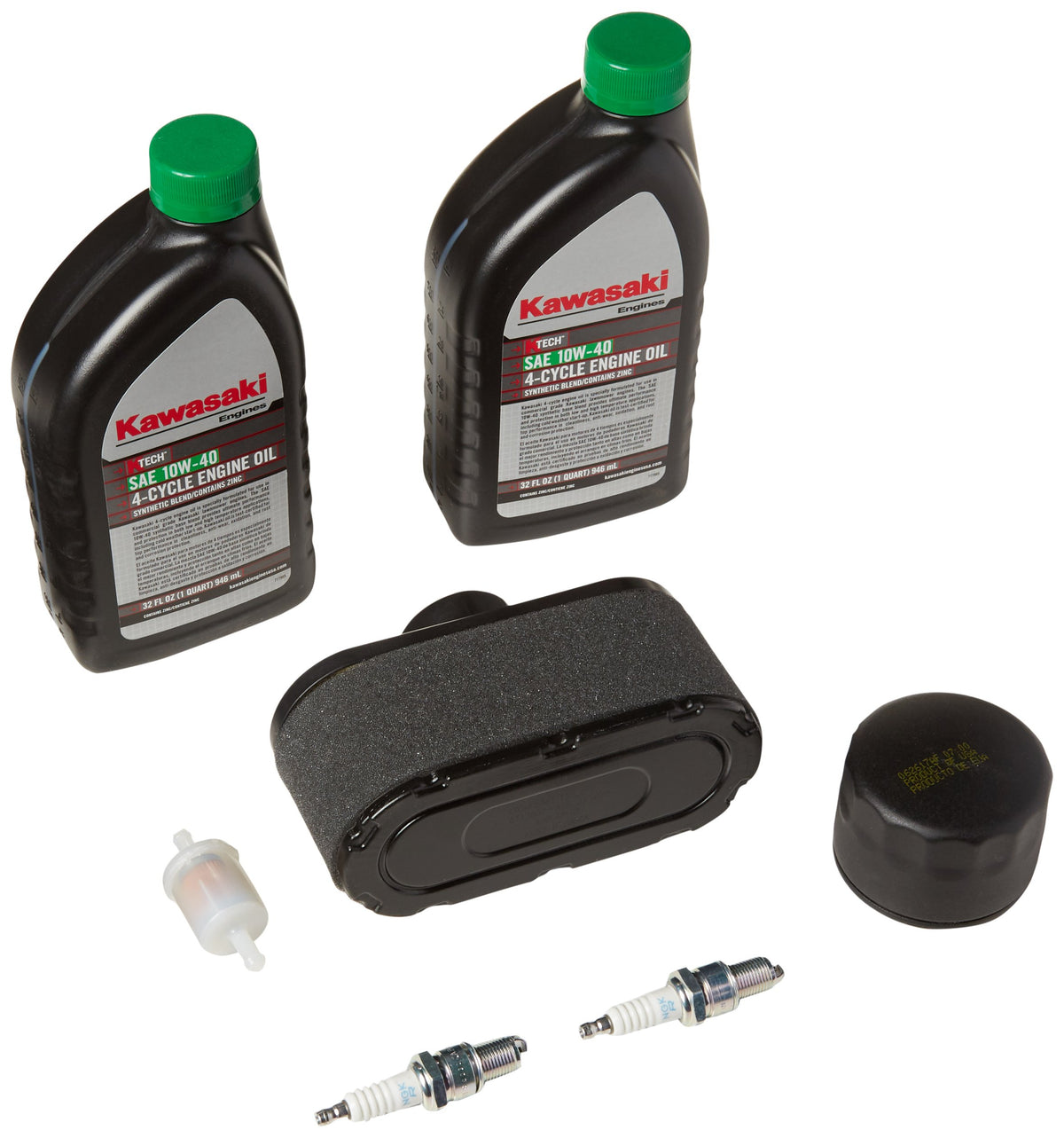 Kawasaki tune-up kit with two 10W-40 oil bottles for reliable starts