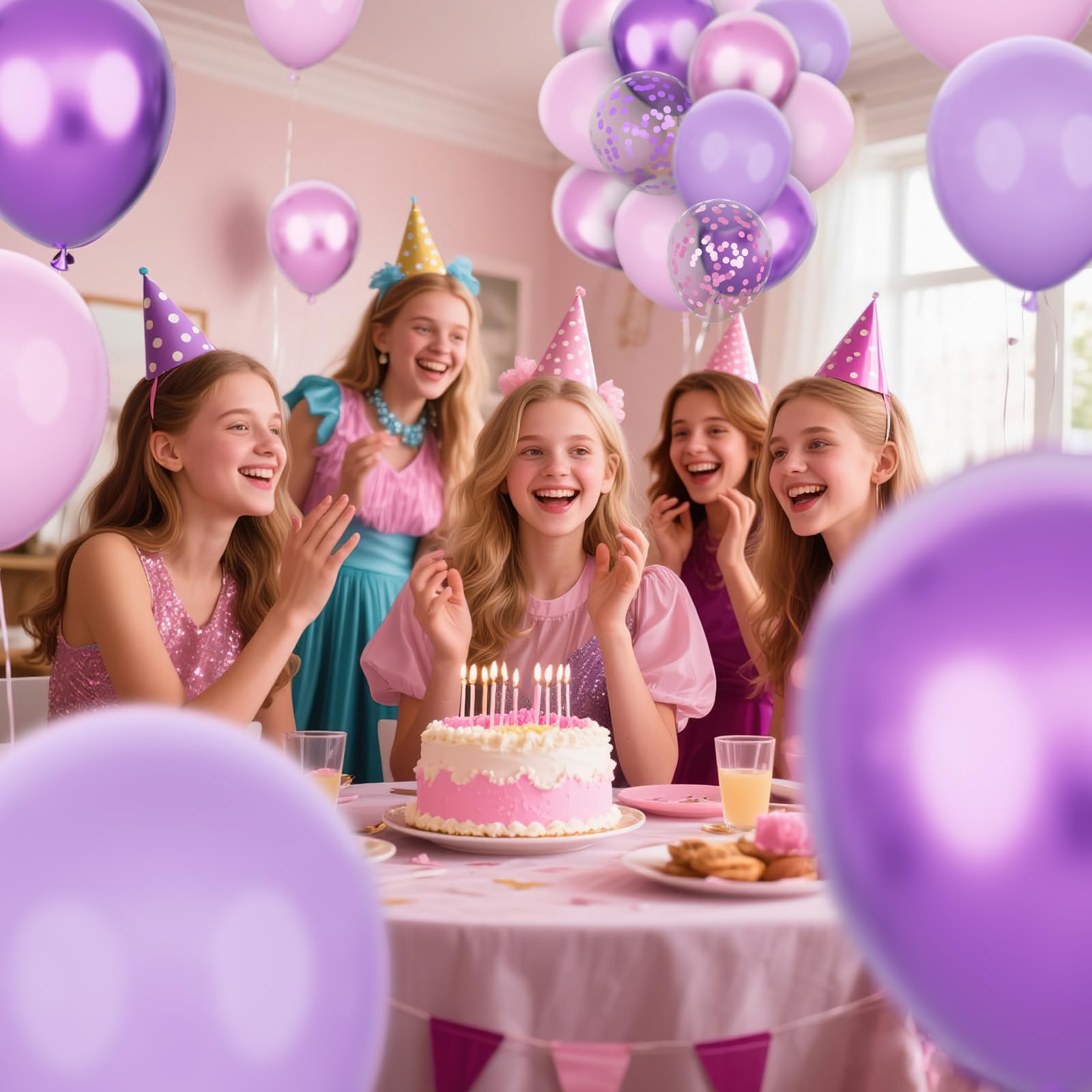 KAWKALSH pink confetti balloons create festive sparkle.