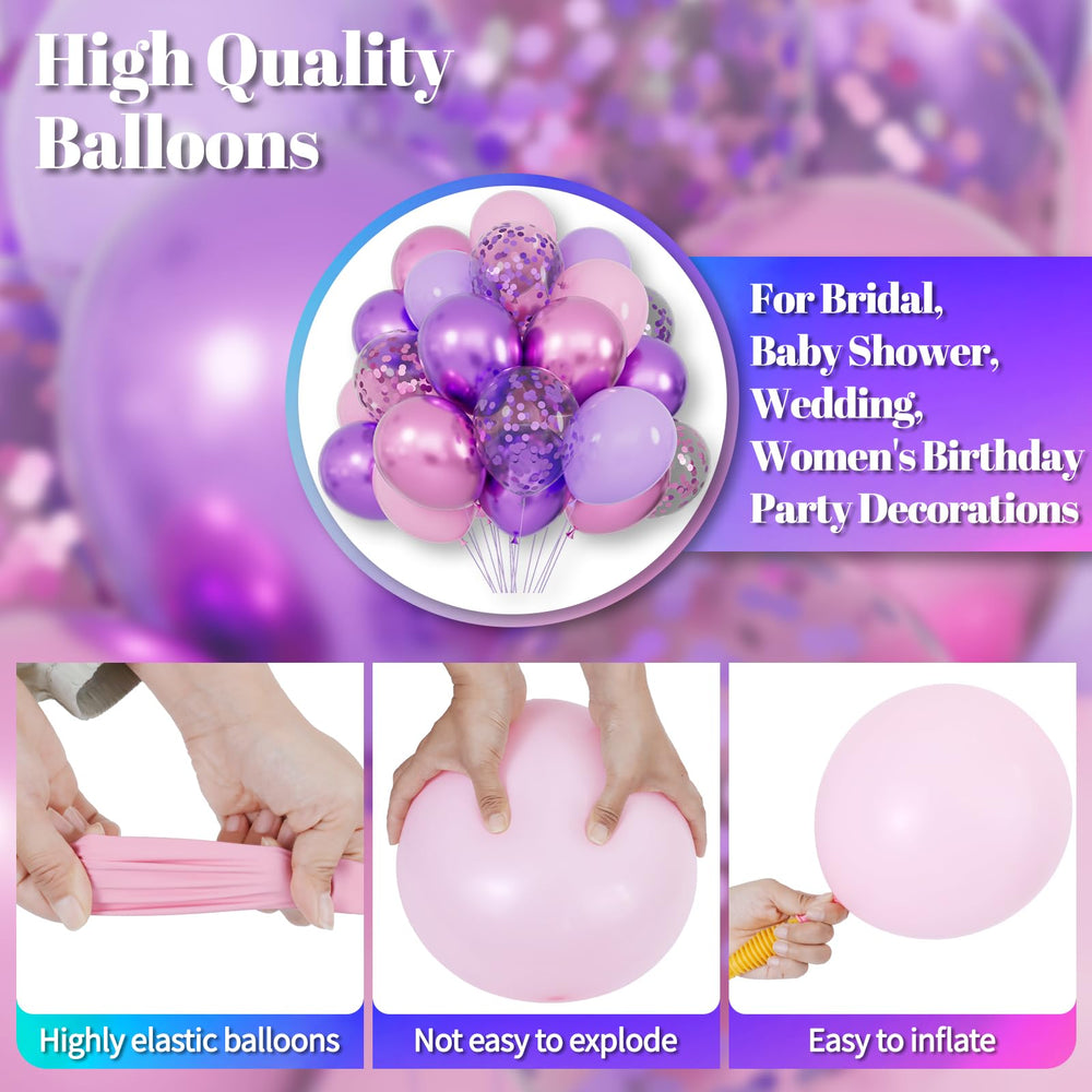 KAWKALSH purple confetti balloons elevate centerpiece visuals.