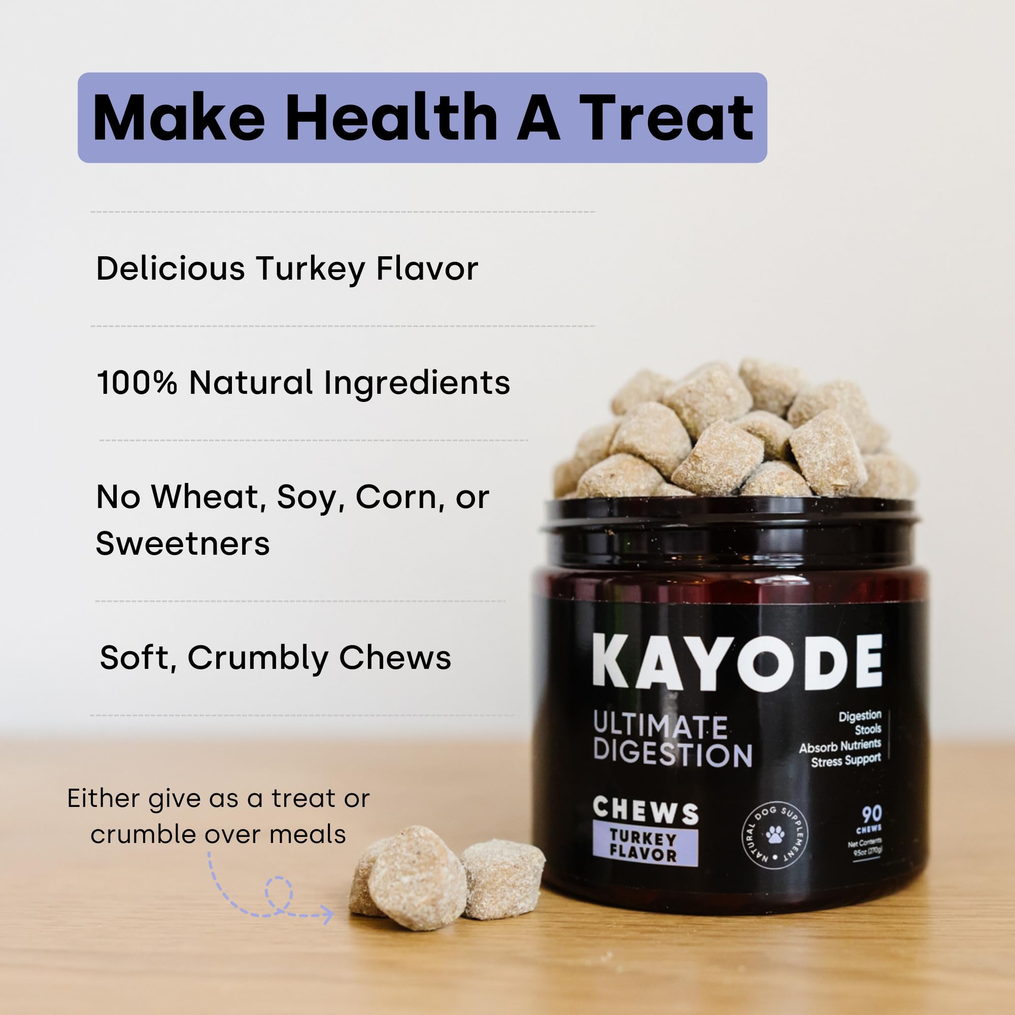 Kayode Gas Relief dog chews provide canine comfort after meals.