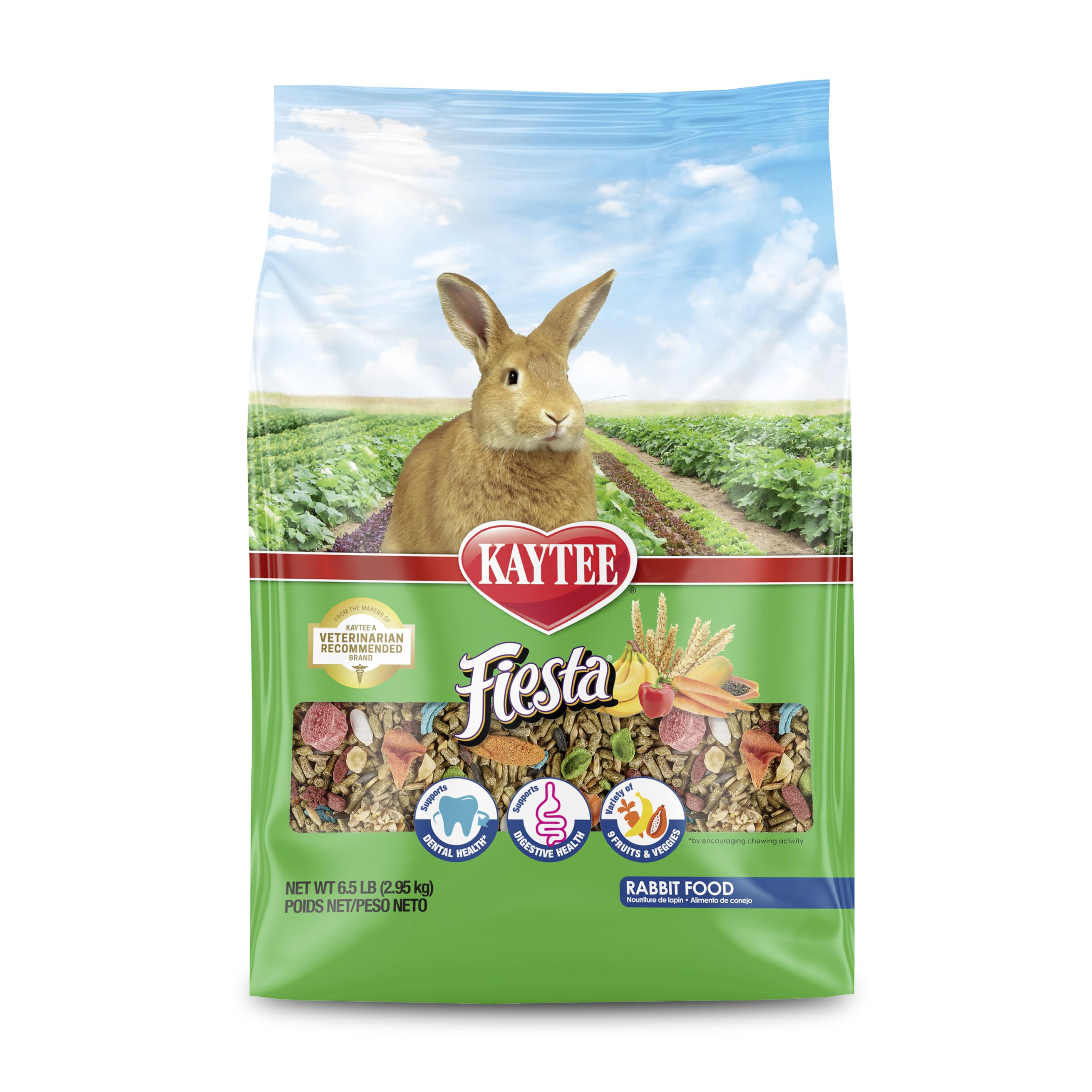 Kaytee Fiesta rabbit food mix with varied shapes and textures to engage chewing.