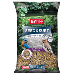 Kaytee Seed & Suet No Mess Blend blueberry flavor feeding from a tube feeder to attract birds.