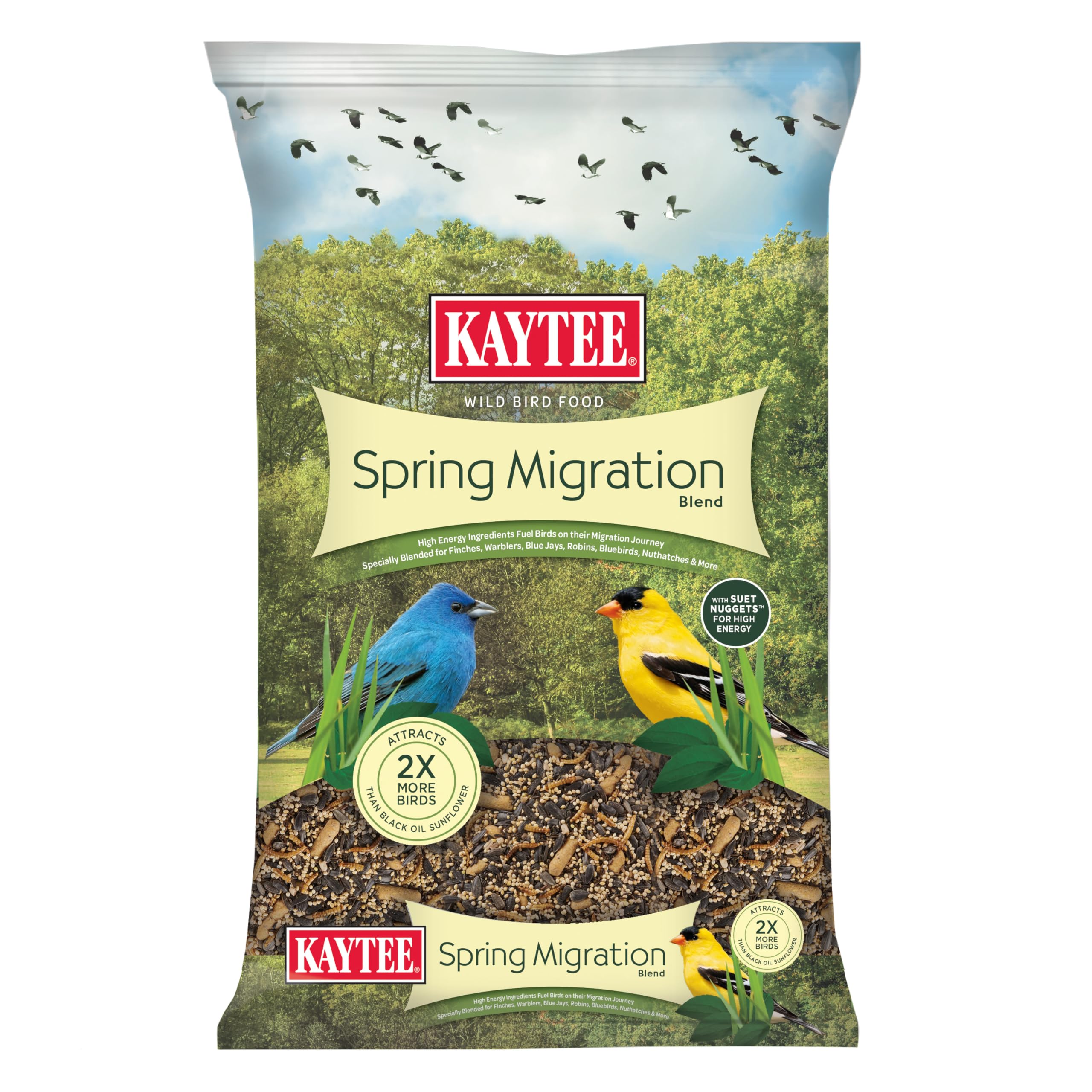 Kaytee Spring Migration seed blend at feeder attracting migratory songbirds