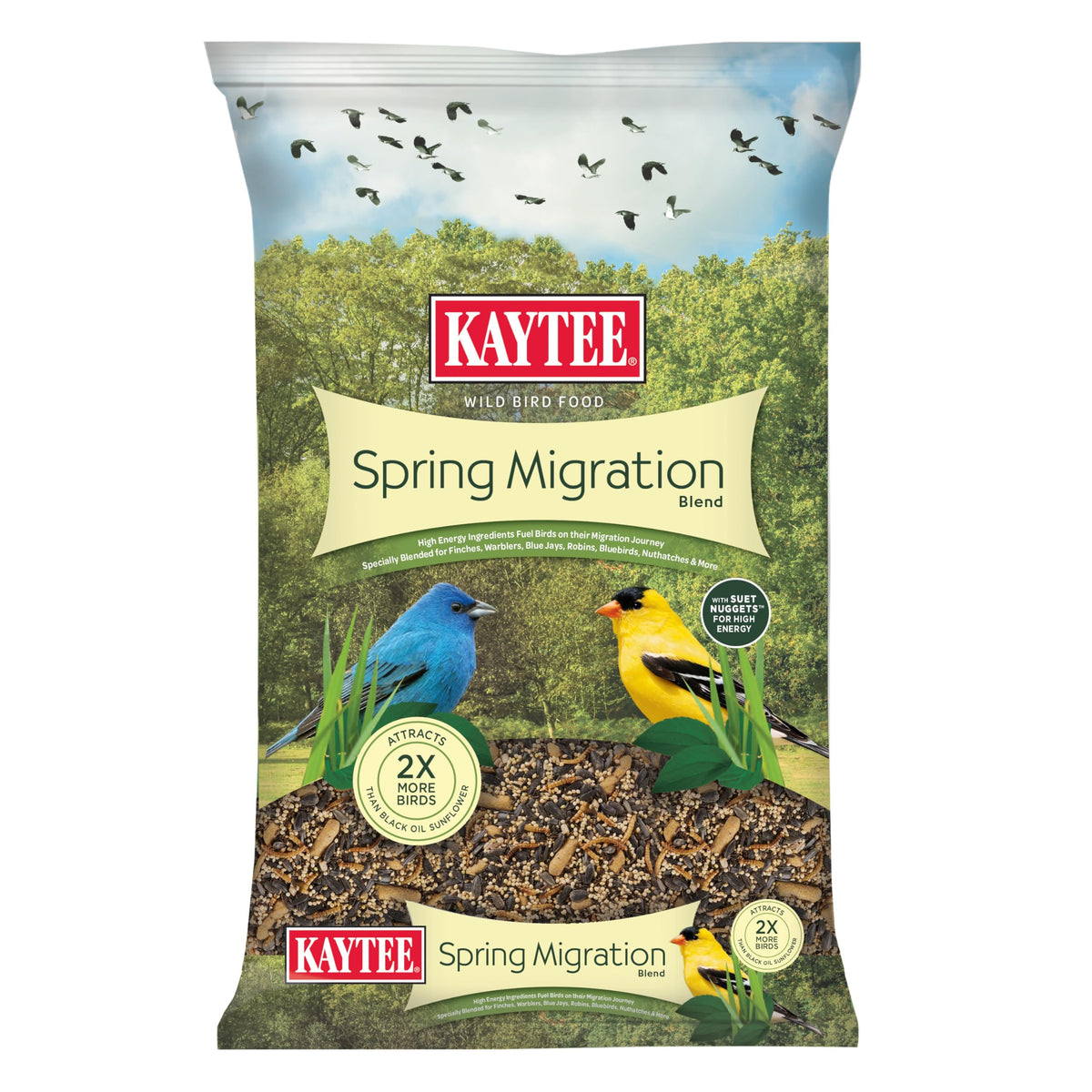 Kaytee Spring Migration seed blend at feeder attracting migratory songbirds