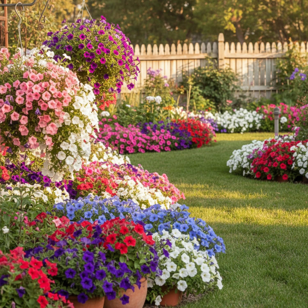 KCT GARDEN Petunia seeds mixed colors display, vibrant varieties for outdoor displays.