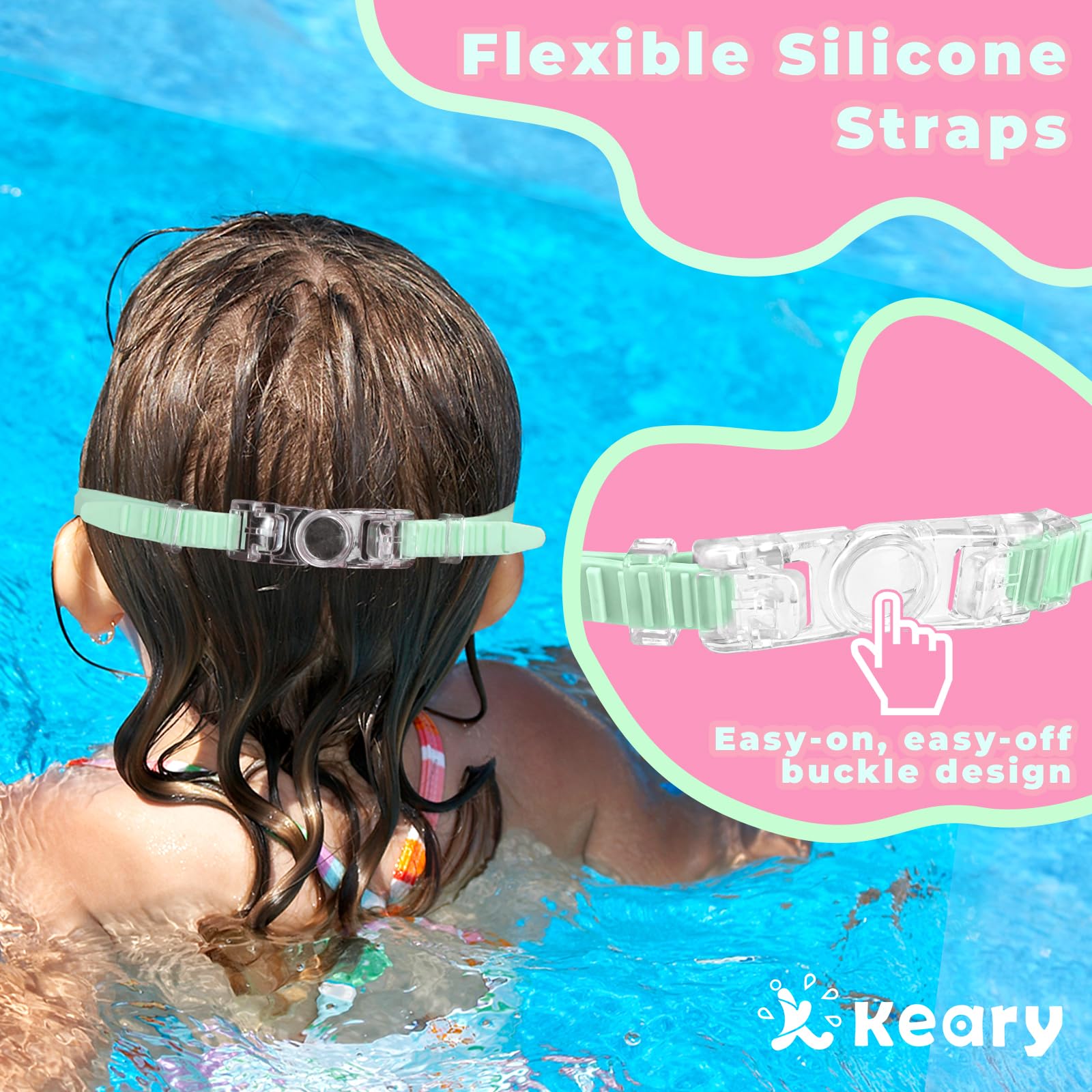 Keary includes nose clips and ear plugs for a complete swim set
