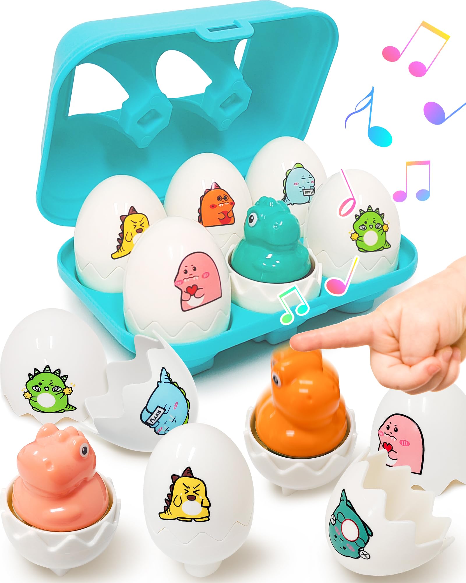 Kecristv Easter eggs dinosaur set close-up showing six colored eggs and shape bases, aiding color recognition.