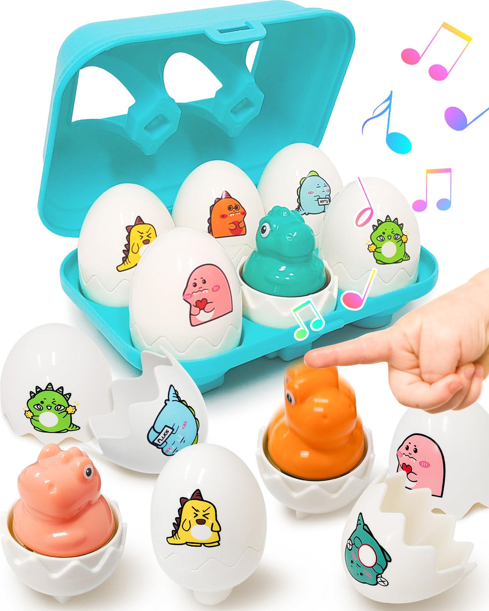 Kecristv Easter eggs dinosaur set close-up showing six colored eggs and shape bases, aiding color recognition.
