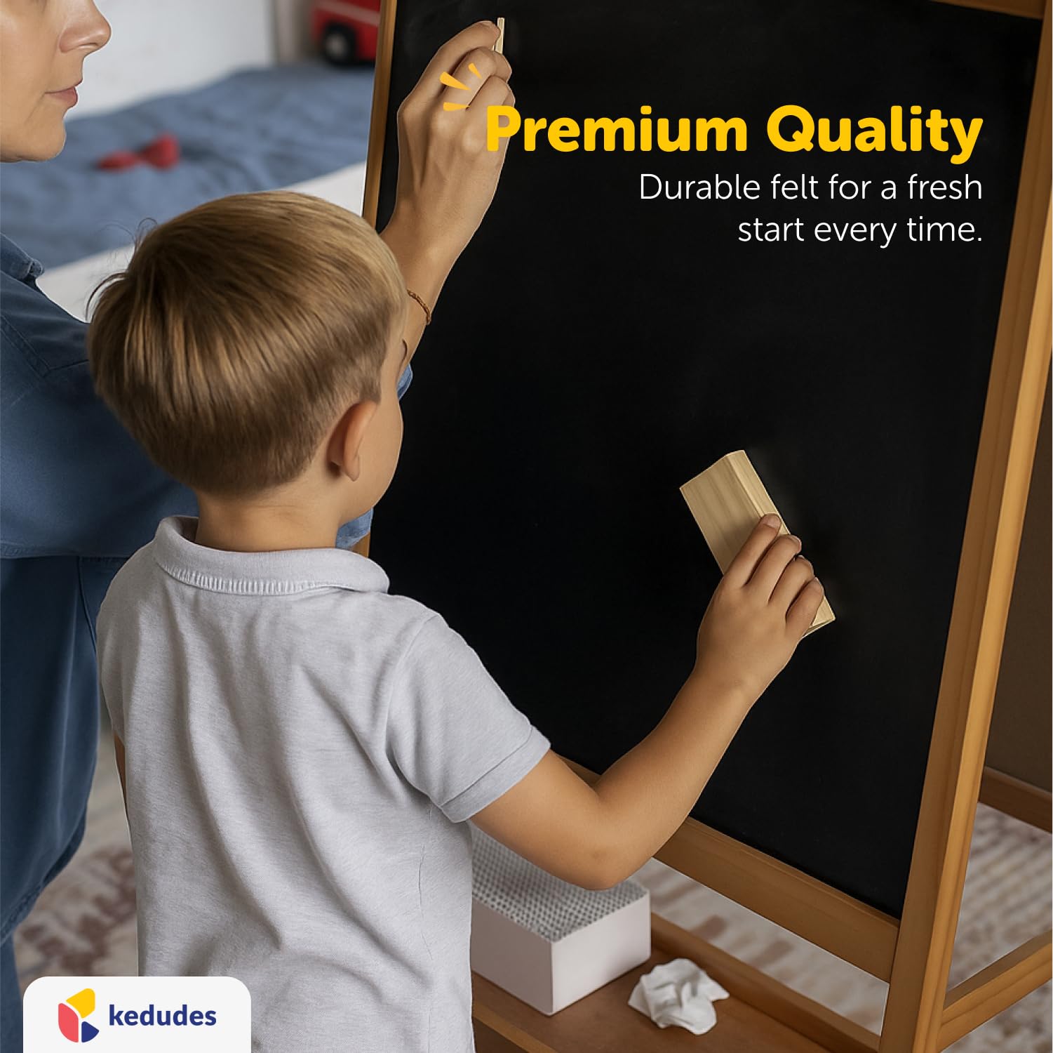 Compact 4.9-inch size fits chalkboard stands and desks for easy storage.