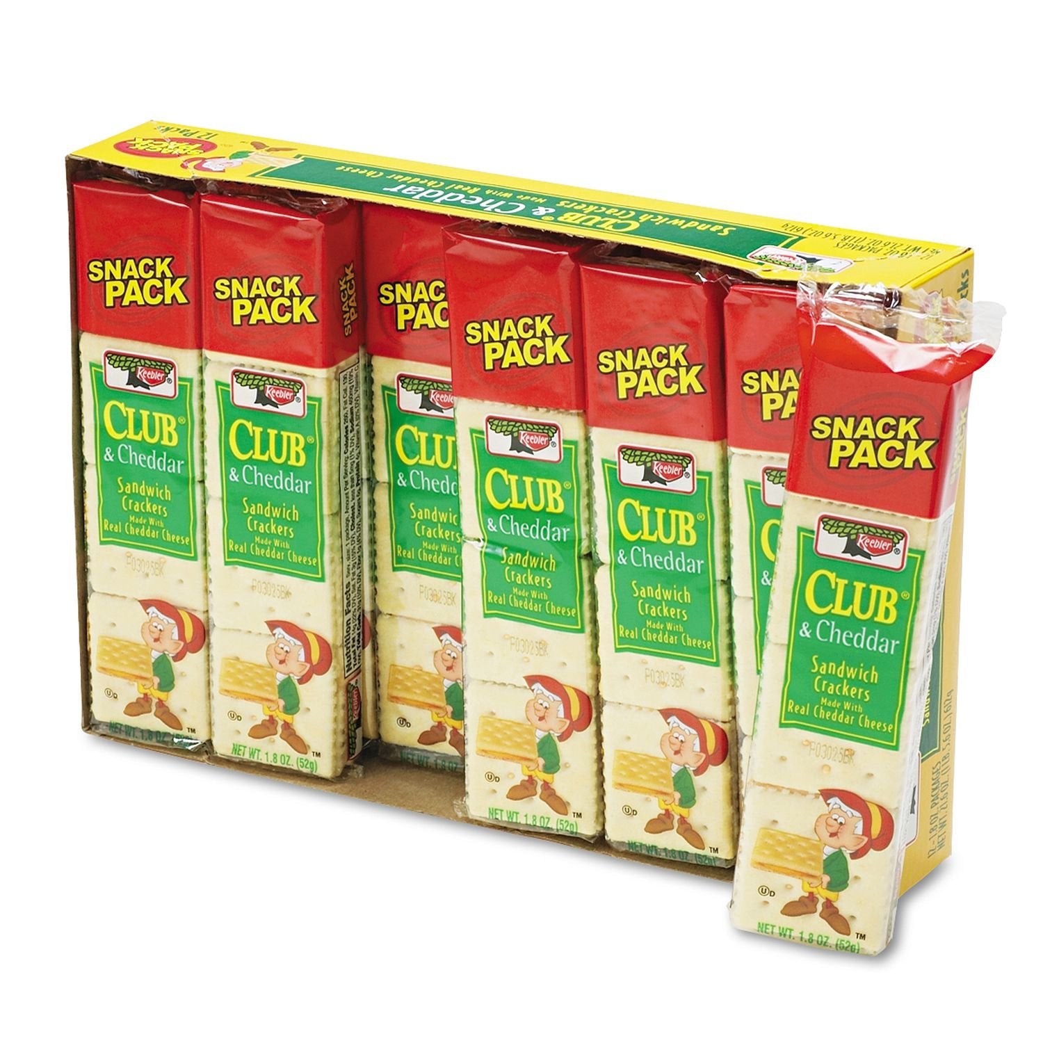 Keebler Club & Cheddar sandwich crackers in an eight-pack box, ideal for on-the-go snacking.